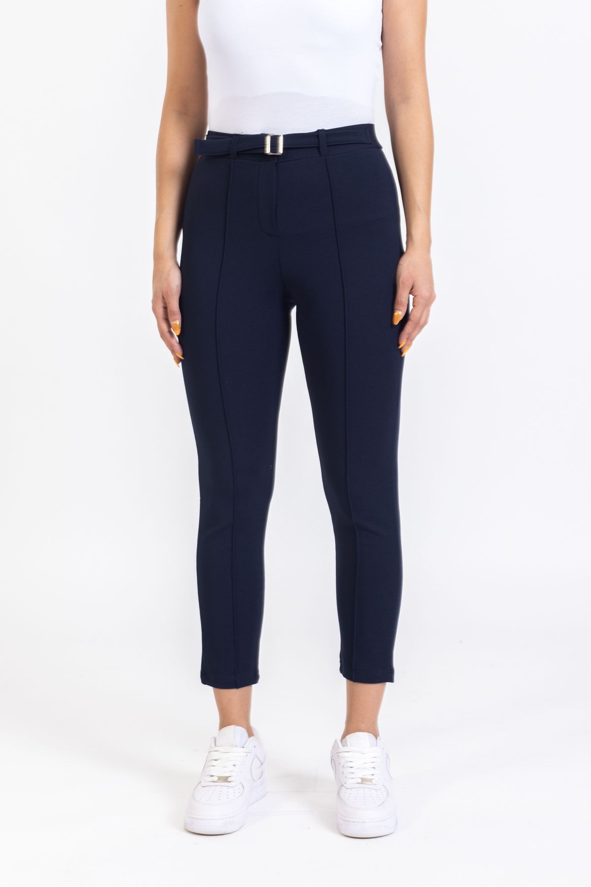 macharelbasic women s navy blue high waist slim fit fabric
