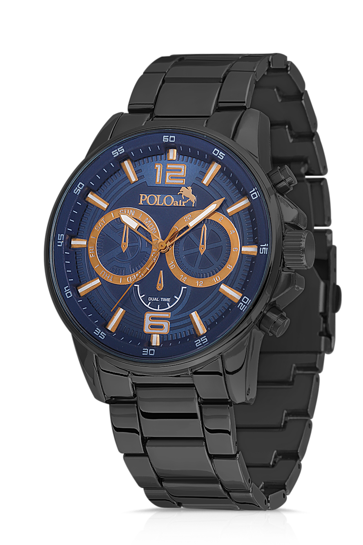 ساعت مچی مردانه ورزشی بند فلزی، رنگ مشکی-آبی سرمه‌ای