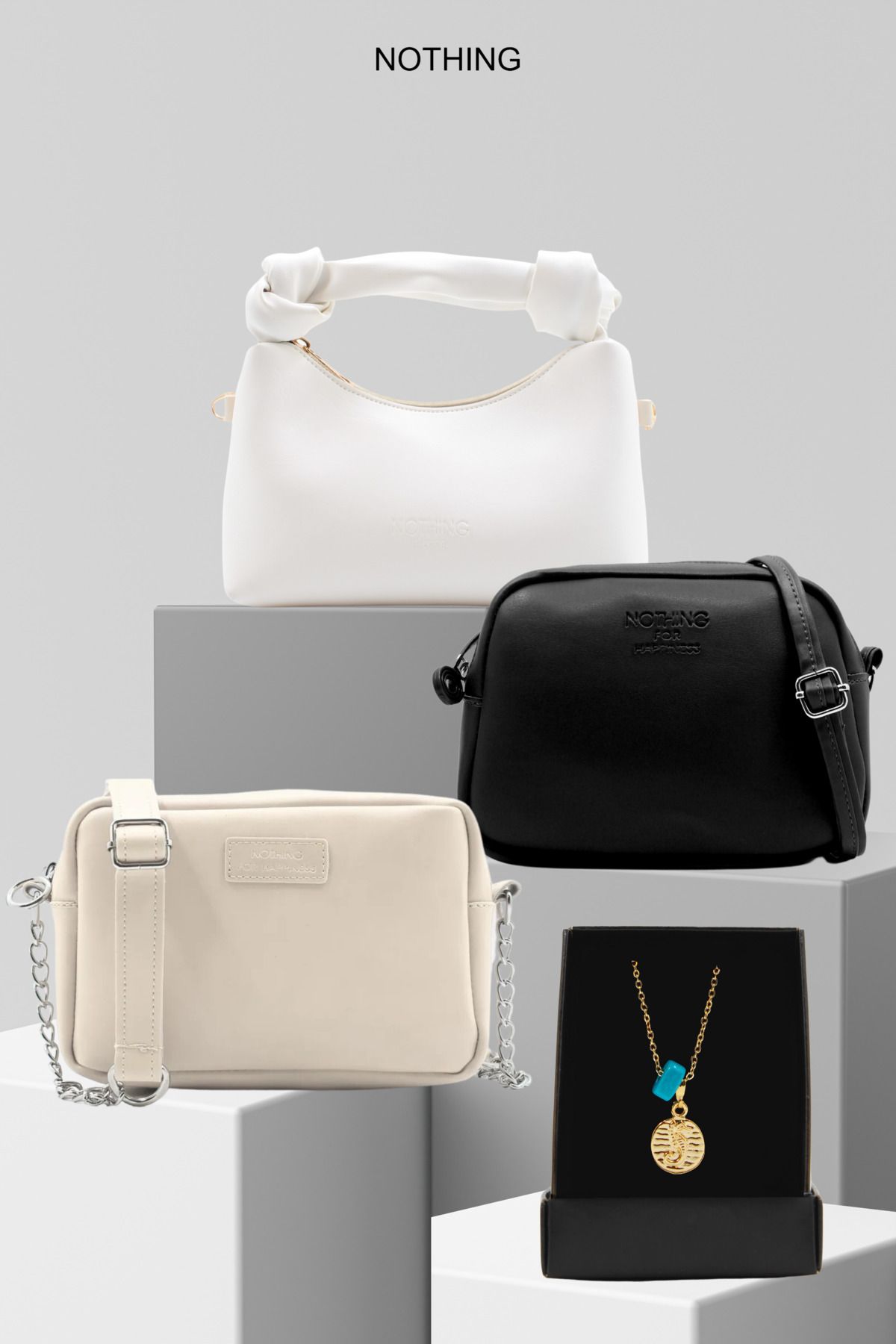 ensemble de 3 pièces à chaîne pour femmes sac urbain sac à nœuds détaillé collier cadeau blanc noir crème