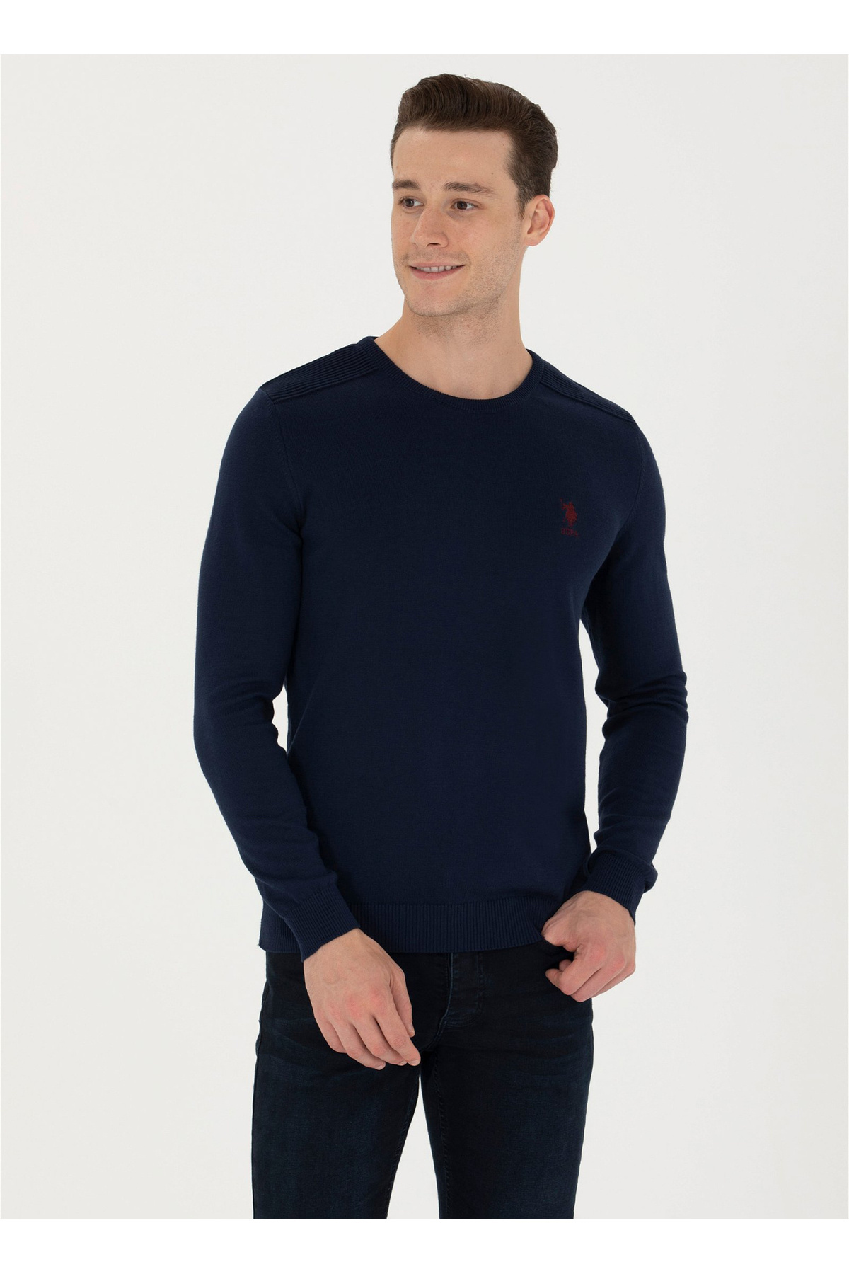 یو اس پولو پلیور مردانه یقه گرد اسلیم فیت سرمه‌ای U.S. Polo Assn. TD01-BSK23