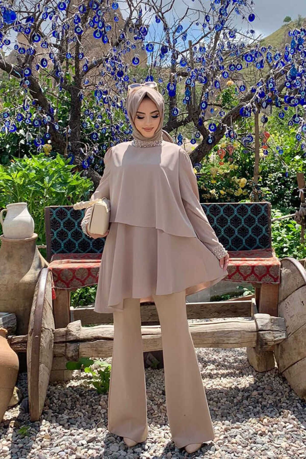 Bym Fashion-تونيك مطرز بالحجر واللؤلؤ ذو مظهر مطوي 2667 3