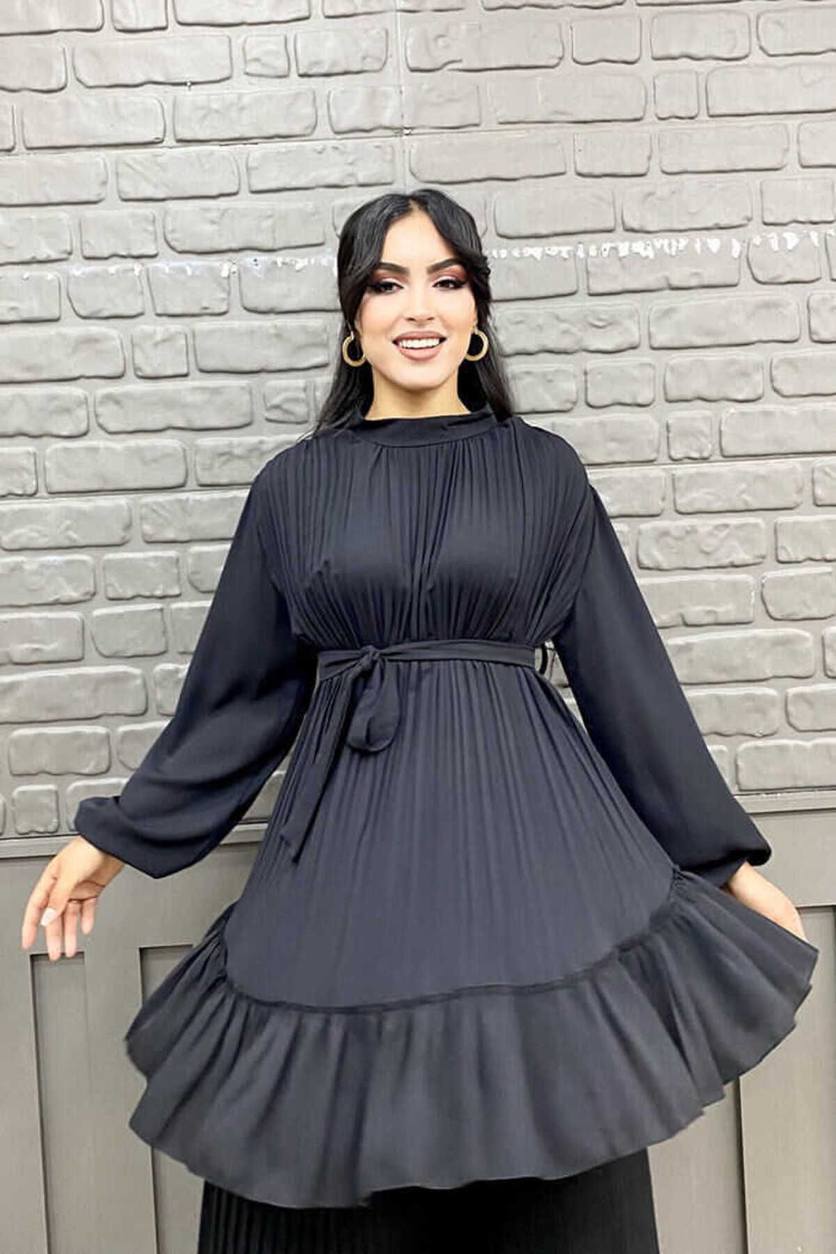 Bym Fashion-Rock, Faltenoptik, Taillengürtel, plissierte Tunika 2673, Schwarz 4