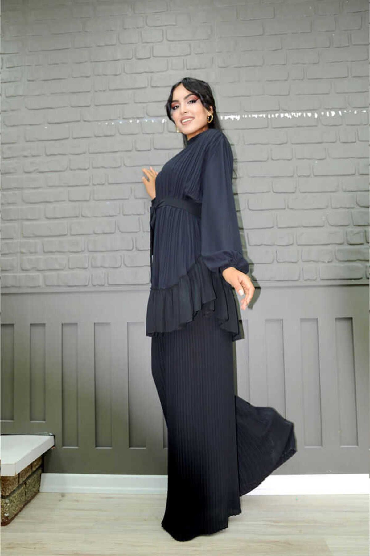 Bym Fashion-Rock, Faltenoptik, Taillengürtel, plissierte Tunika 2673, Schwarz 3