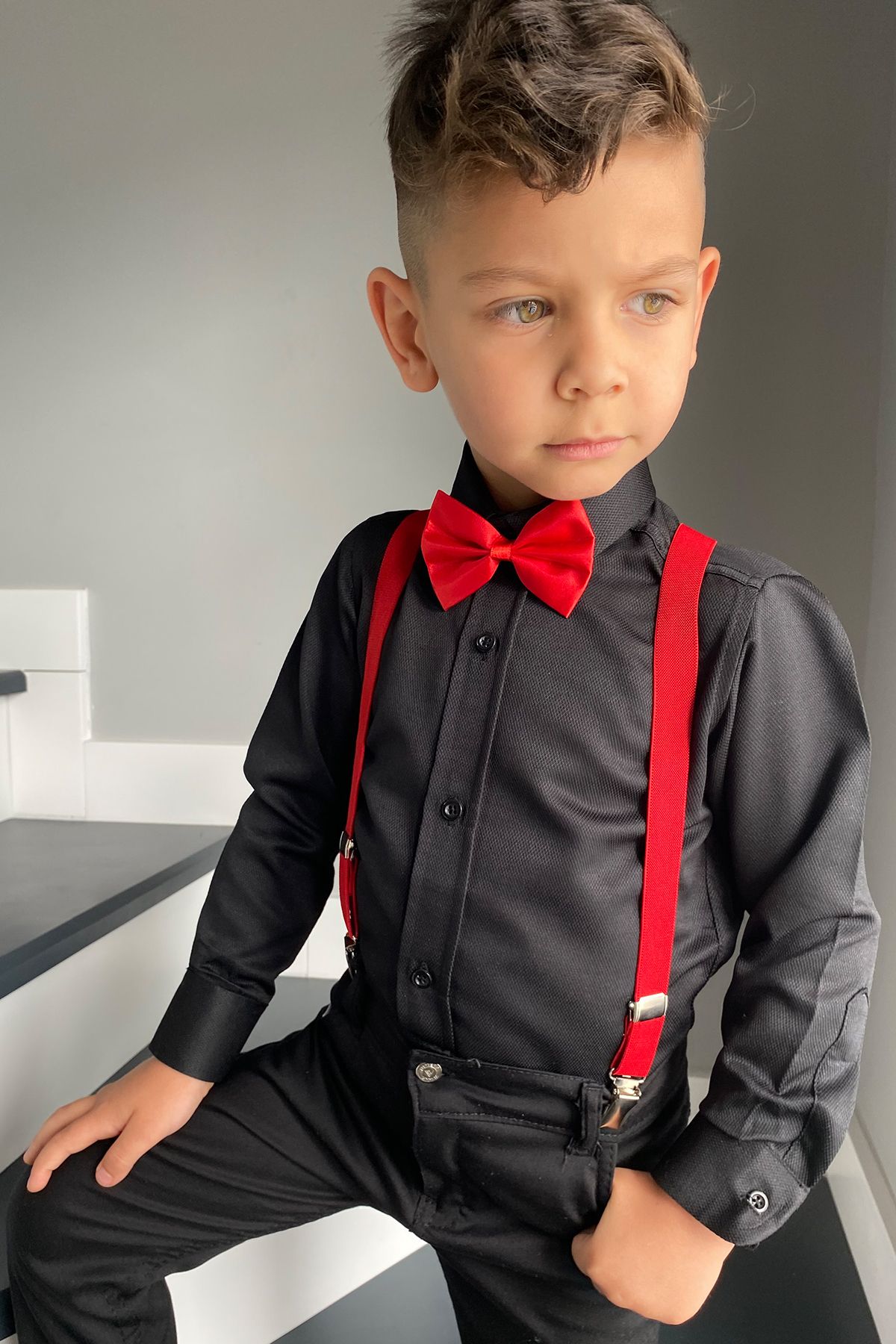 Entel Set Cu Papion Cu Bretele Pentru Cămașă Neagră Dobby Cu Mânecă Lungă Pentru Băiat Masculin - 4 years old