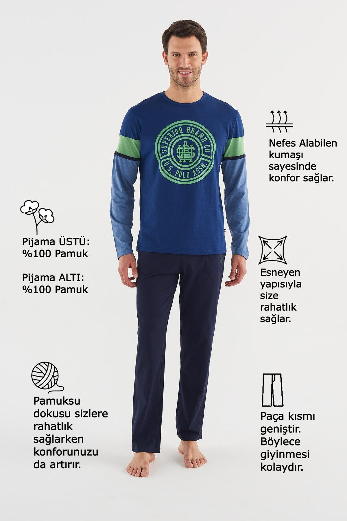 U.S. Polo Assn. ست لباس خواب یقه گرد نخی مردانه پای راست نیلی آبی