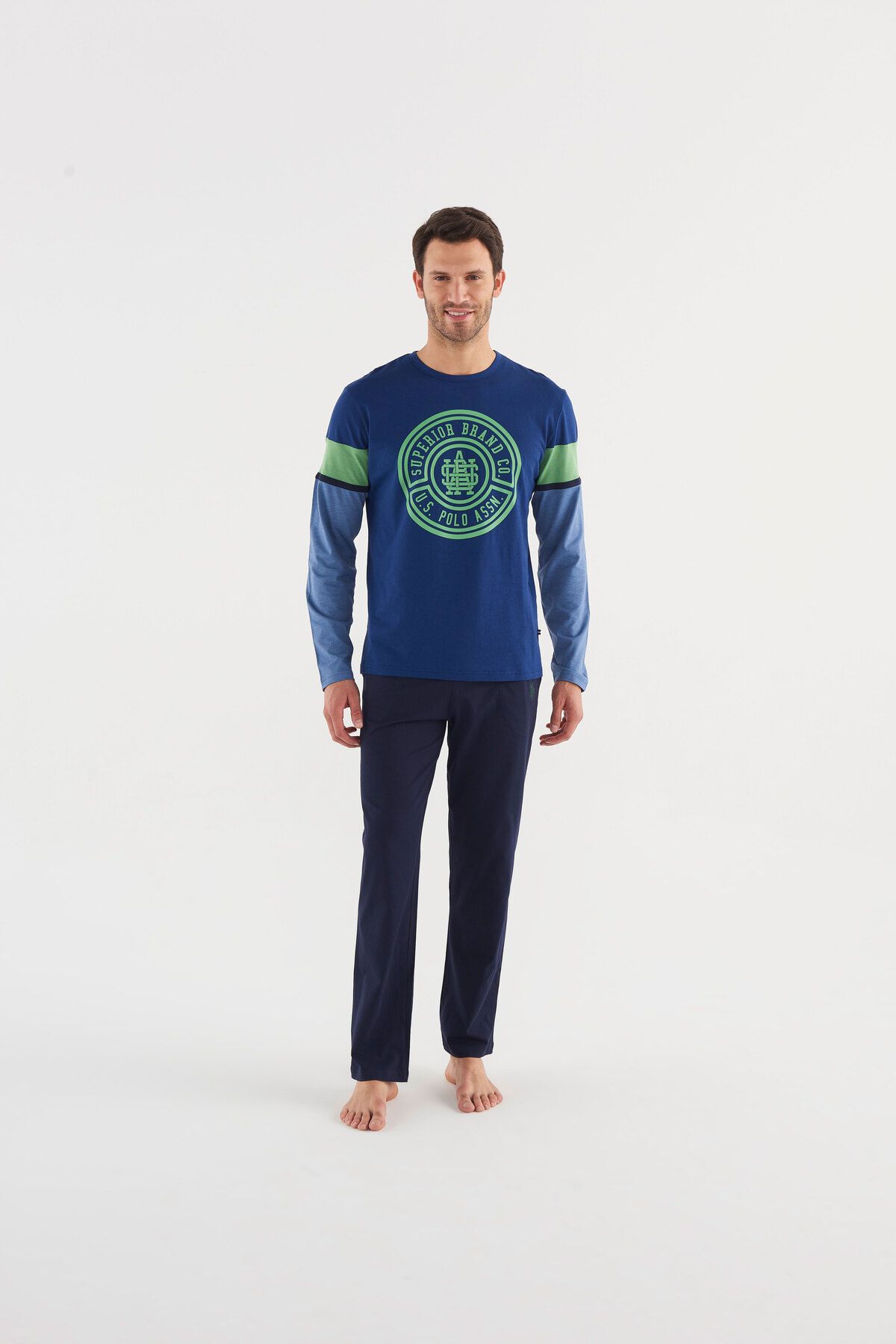 U.S. Polo Assn. ست لباس خواب یقه گرد نخی مردانه پای راست نیلی آبی