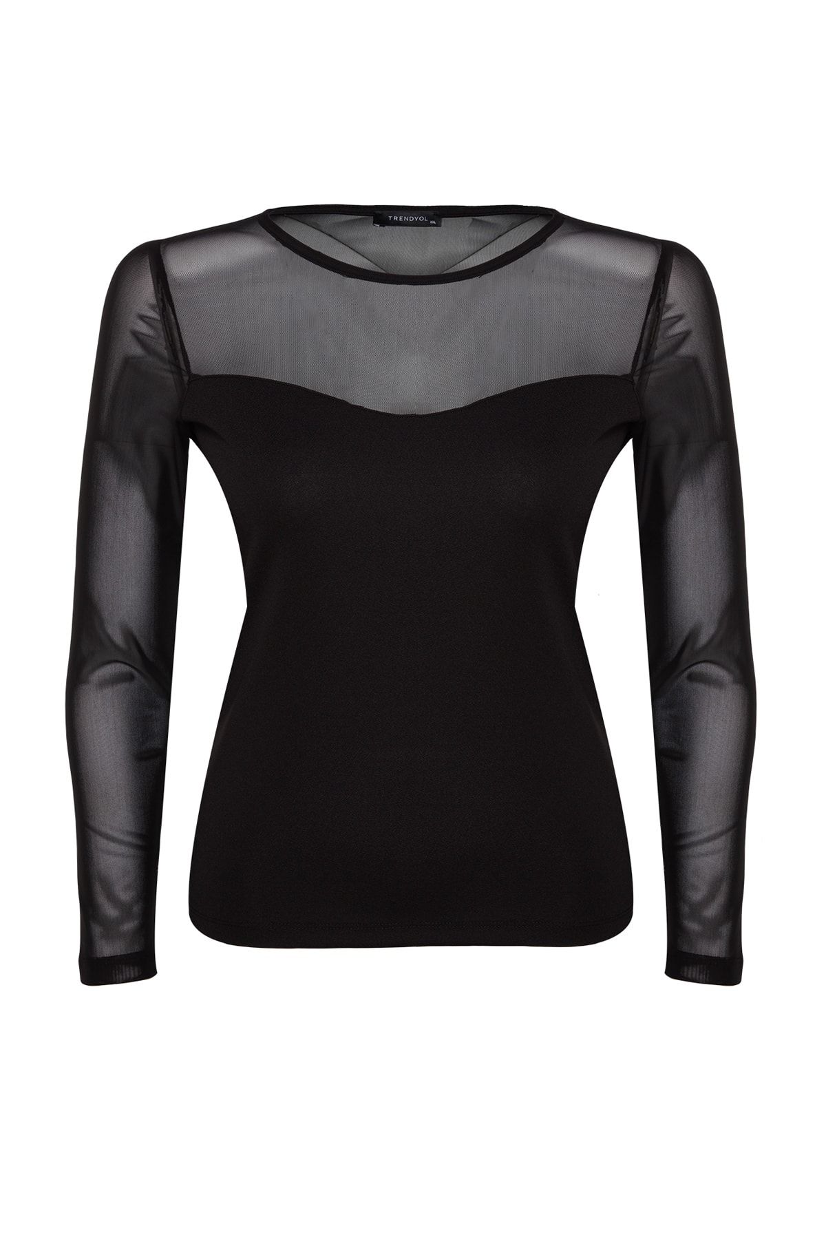 Trendyol Curve-Schwarze, detaillierte Strickbluse aus Tüll mit herzförmigem Ausschnitt TBBAW24AF00015 6