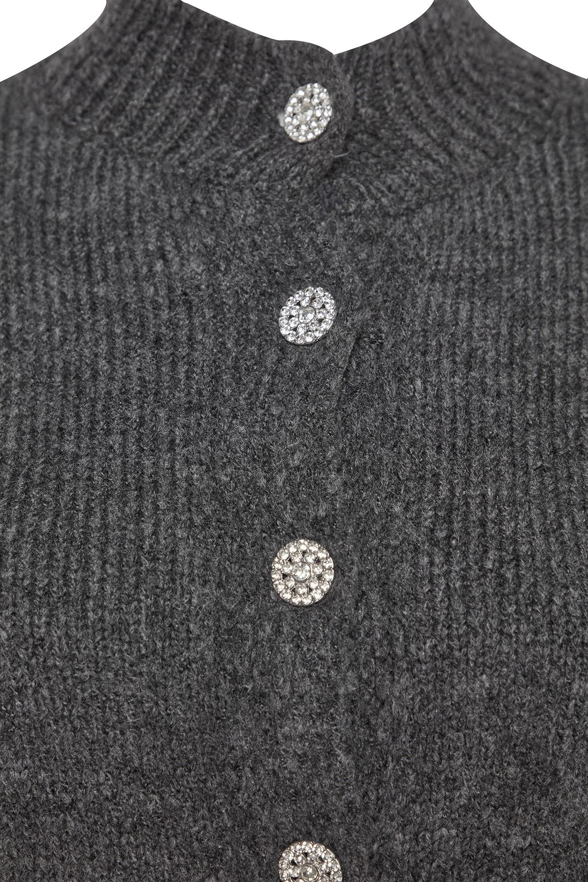 Trendyol Curve-Strickcardigan - Anthrazit mit Schmucksteinen, geknöpft, TBBAW24AV00019 7