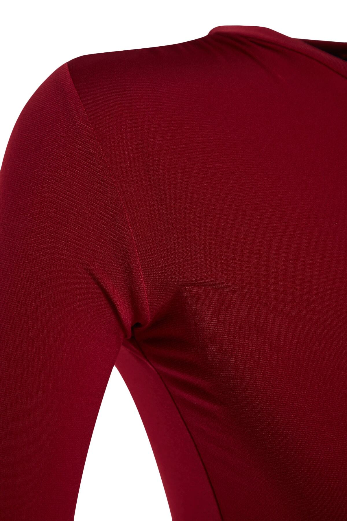 Trendyolmilla  Bordo Dik Yaka Fitted/Vücuda Oturan Uzun Kol Büzgülü Esnek Örme Bluz TWOAW23EL01391 - Görsel 8