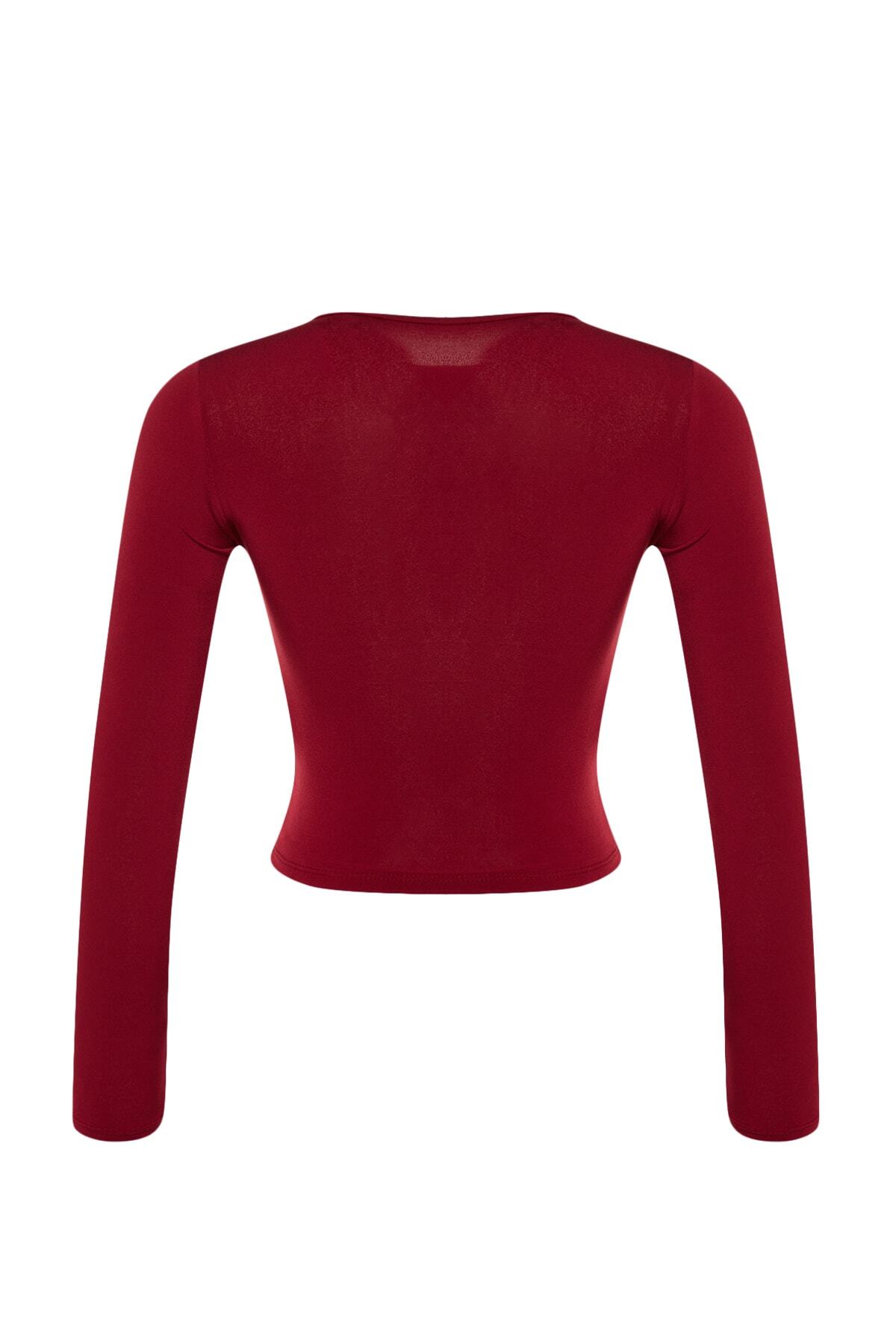 Trendyolmilla  Bordo Dik Yaka Fitted/Vücuda Oturan Uzun Kol Büzgülü Esnek Örme Bluz TWOAW23EL01391 - Görsel 9
