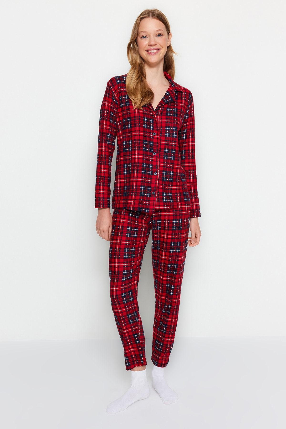 Trendyol Collection-Weicher, rot karierter Strick-Pyjama - Sleep Band Brushed Thmaw24pt00100 3