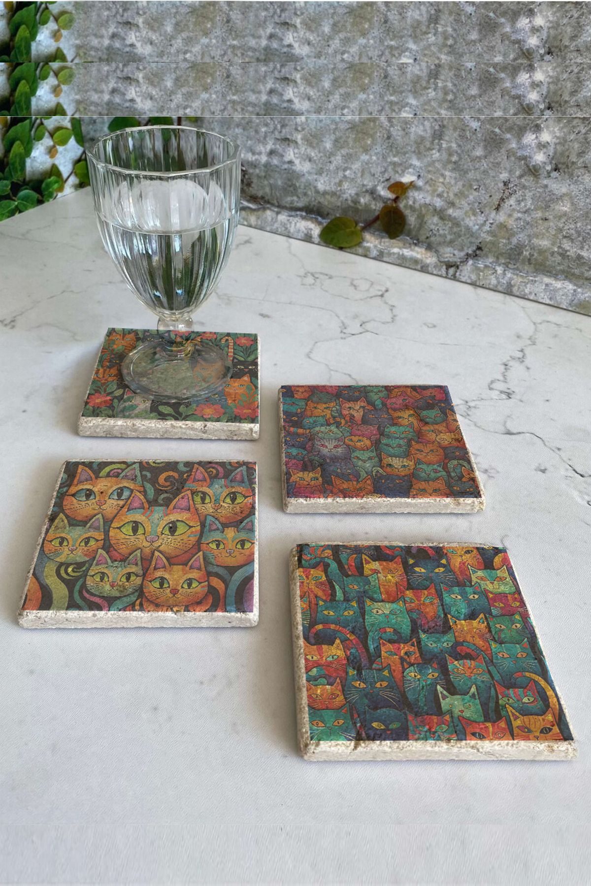 Gri Grafik Design Workshop-Cats Theme Uv Printed Stone Coasters Set of 4 Mod-1 2