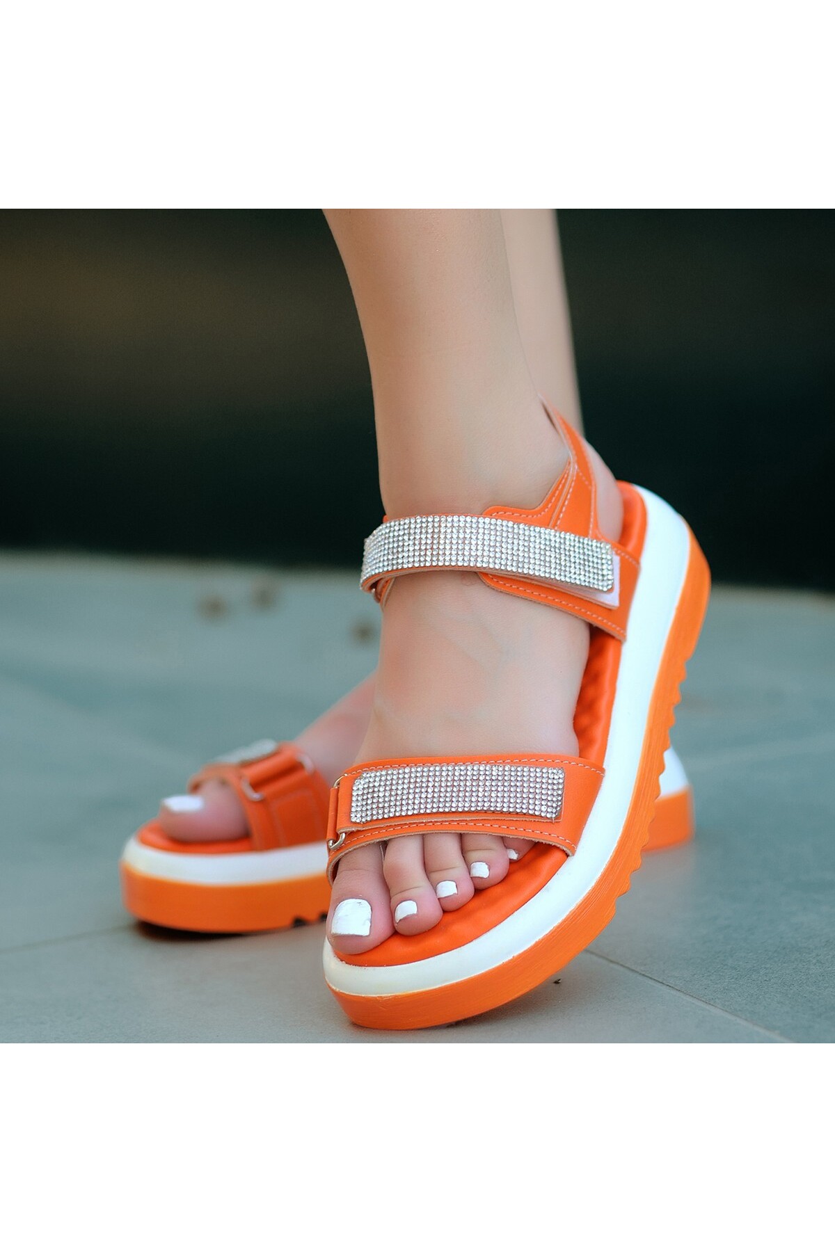 Vamo Turuncu Cilt Cırt Cırtlı Sandalet