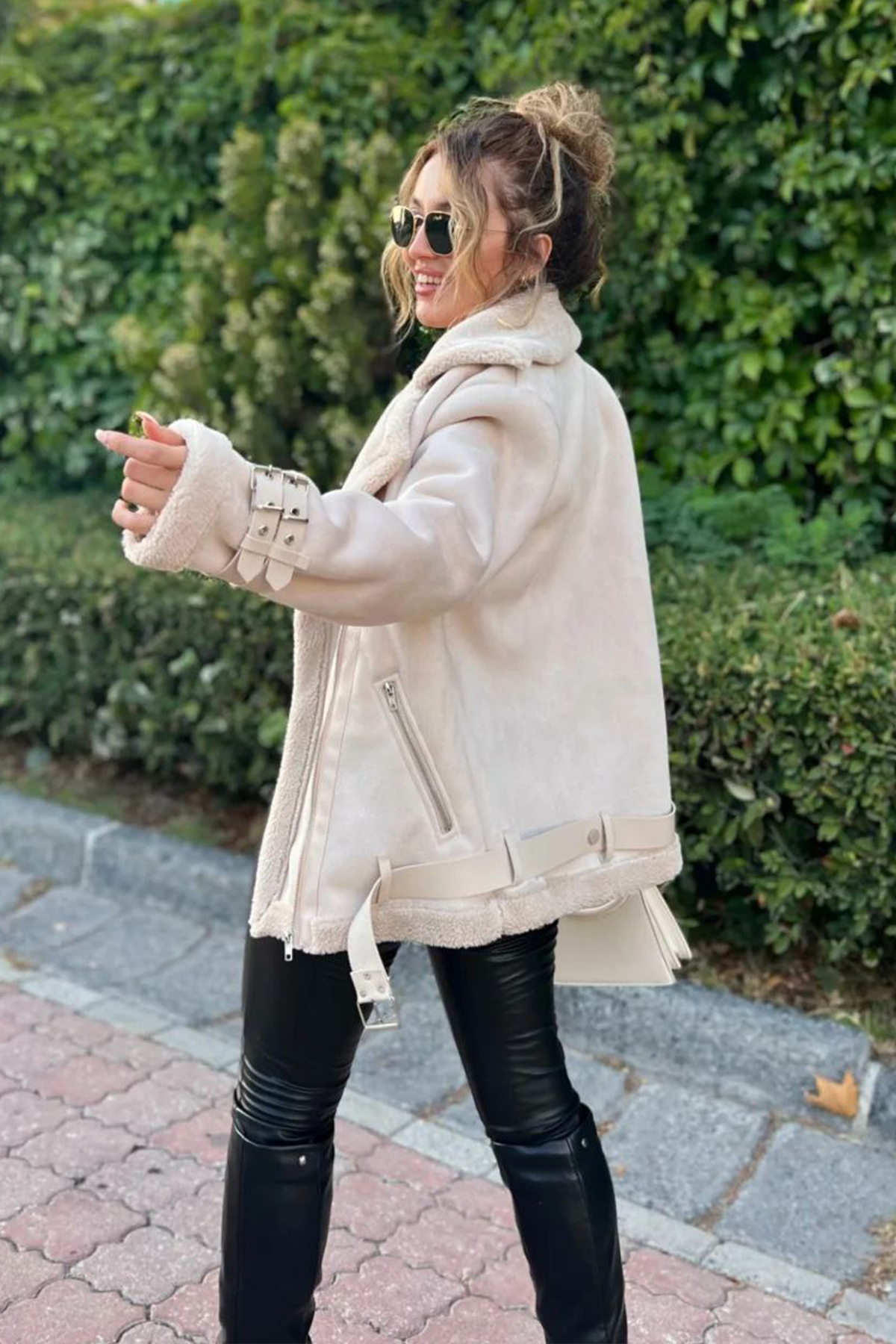 Women's Faux Fur Trim Faux Suede Coat Long Sleeve Zippered BEIGE - Görsel 4