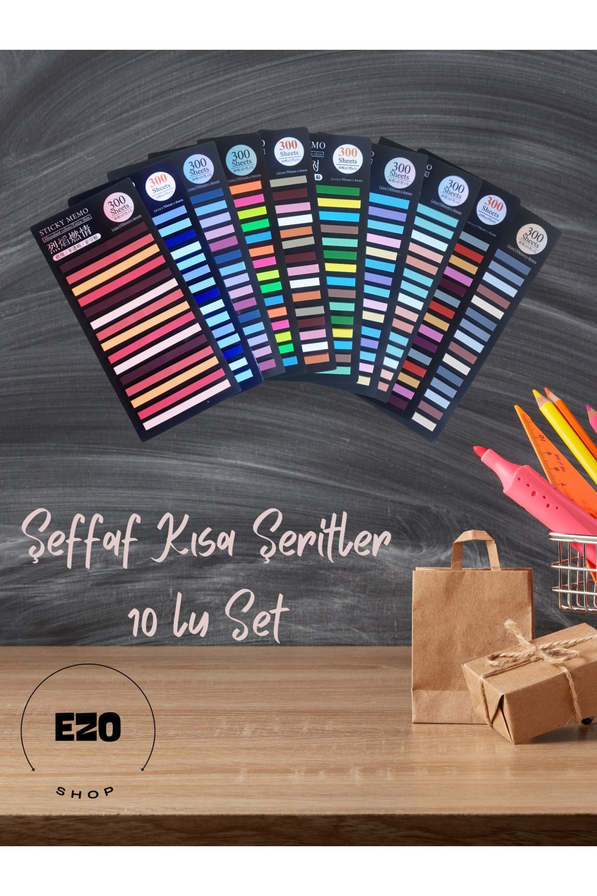 EZOSHOP-Transparent Colored Sticky Notes - Adhesive Paper, Short Stripe, Set of 10 1