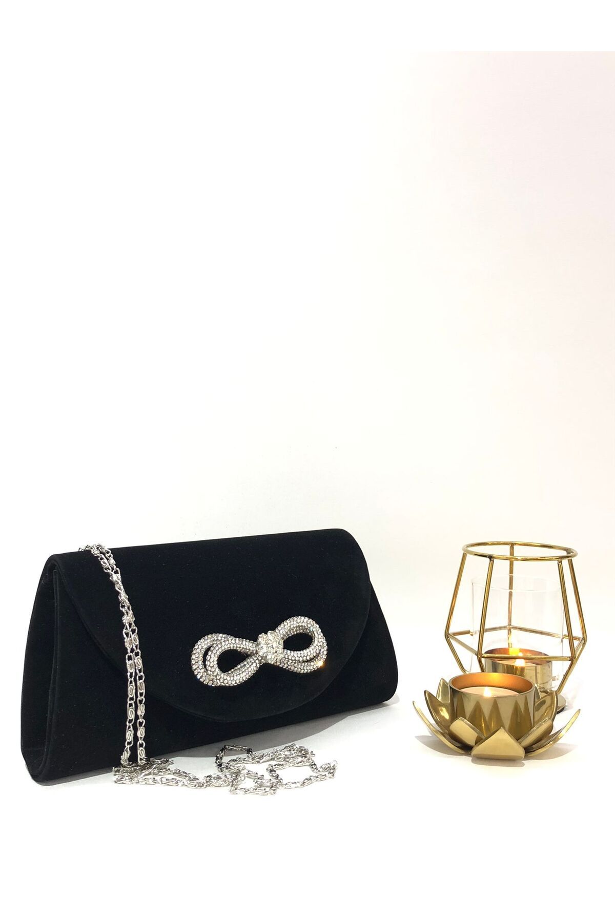 Piedra Black Suede Material Stone Magnetic Cover Evening Bag with