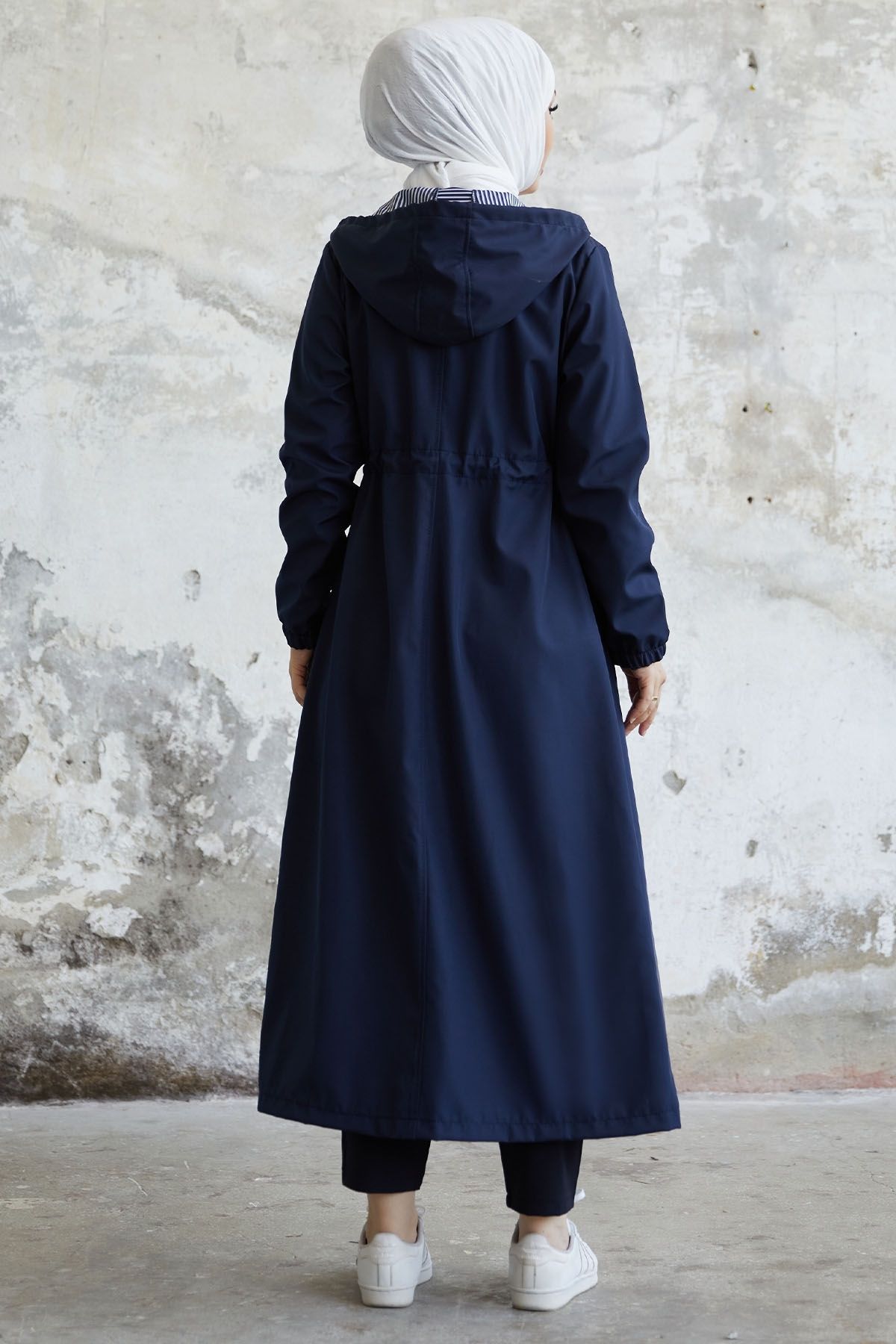 InStyle-Layisa Striped Patterned Gathered Waist Trench - Navy Blue 5