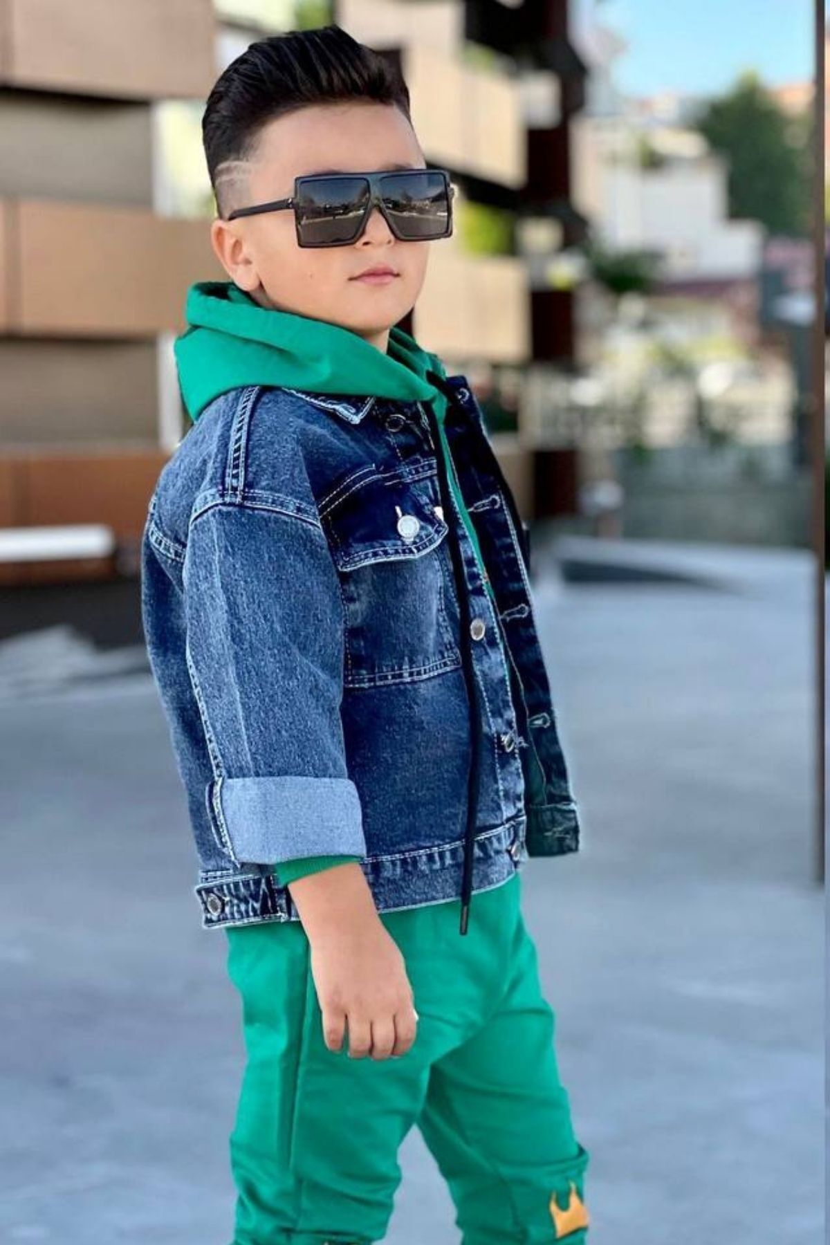 Riccotarz Boy s Denim Jacket King Printed Hooded Green Tracksuit