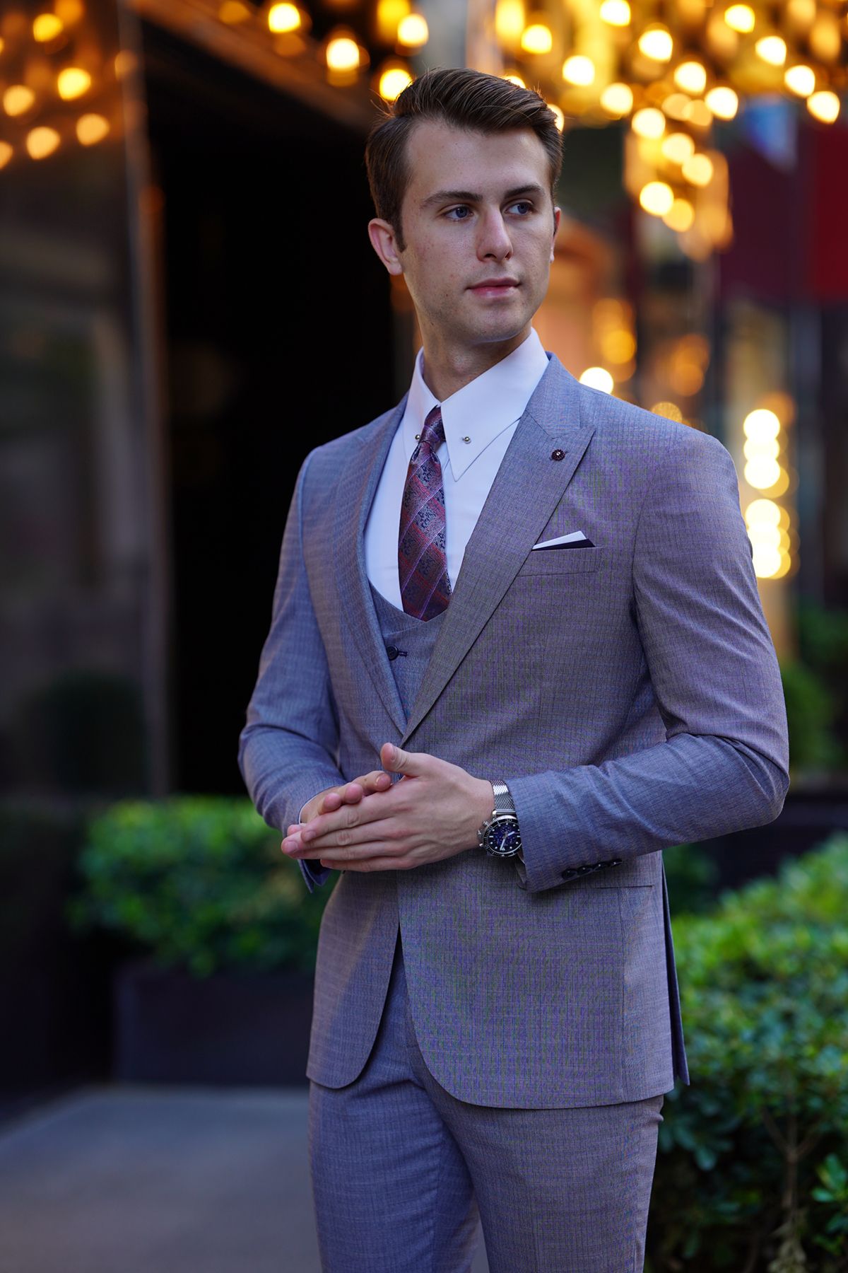 Grey suit discount with pink vest