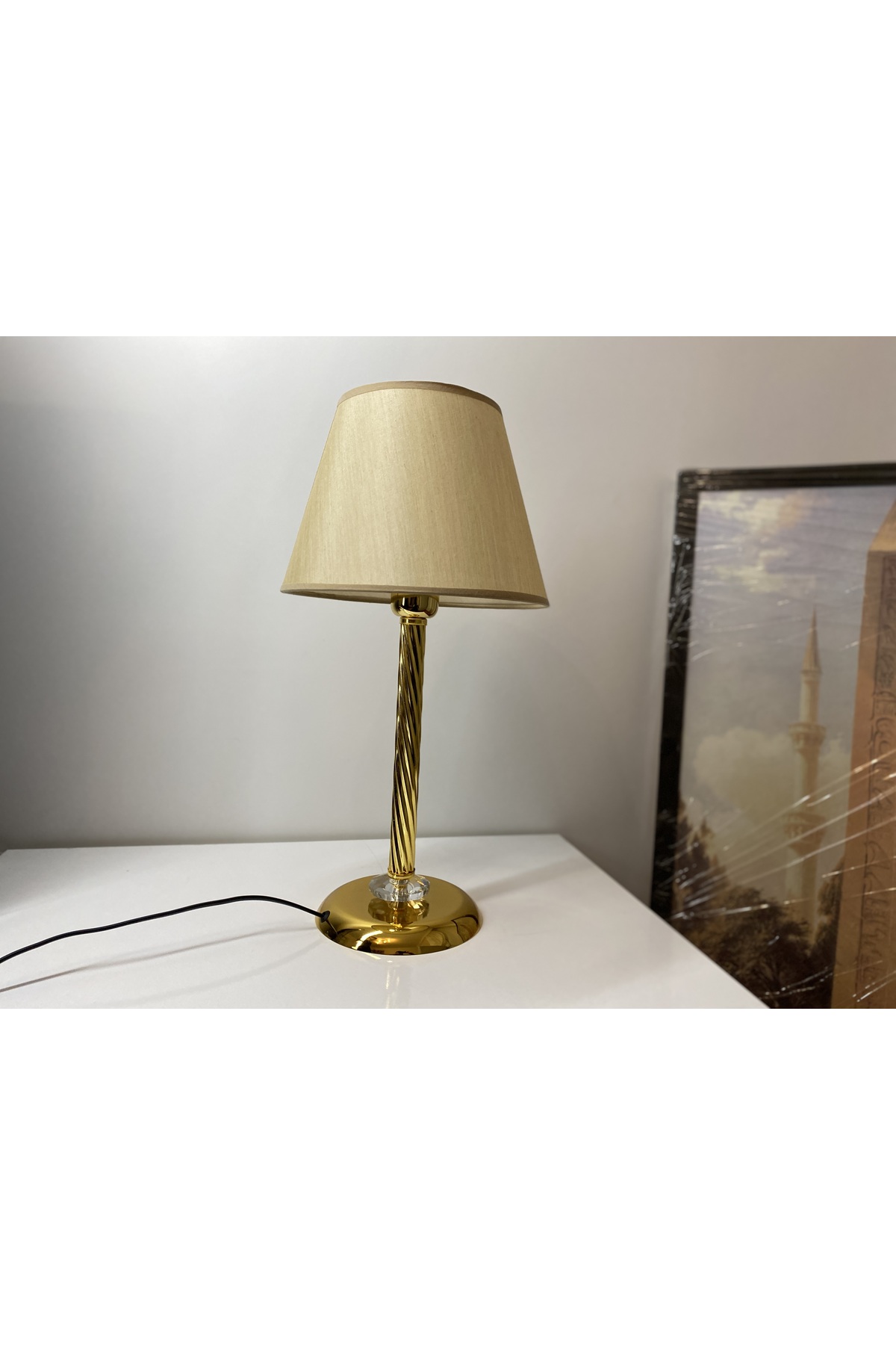 Table Lamp with Mette Twist Lampshade crystal detail, Stol lamp, Gold lampshade