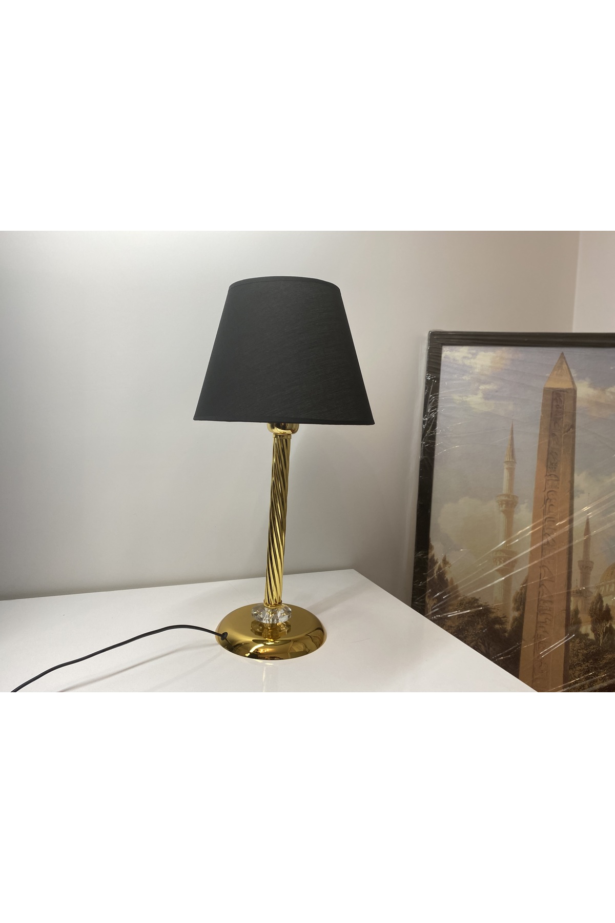 Table Lamp with Mette Twist Lampshade crystal detail, Stol lamp, Gold lampshade