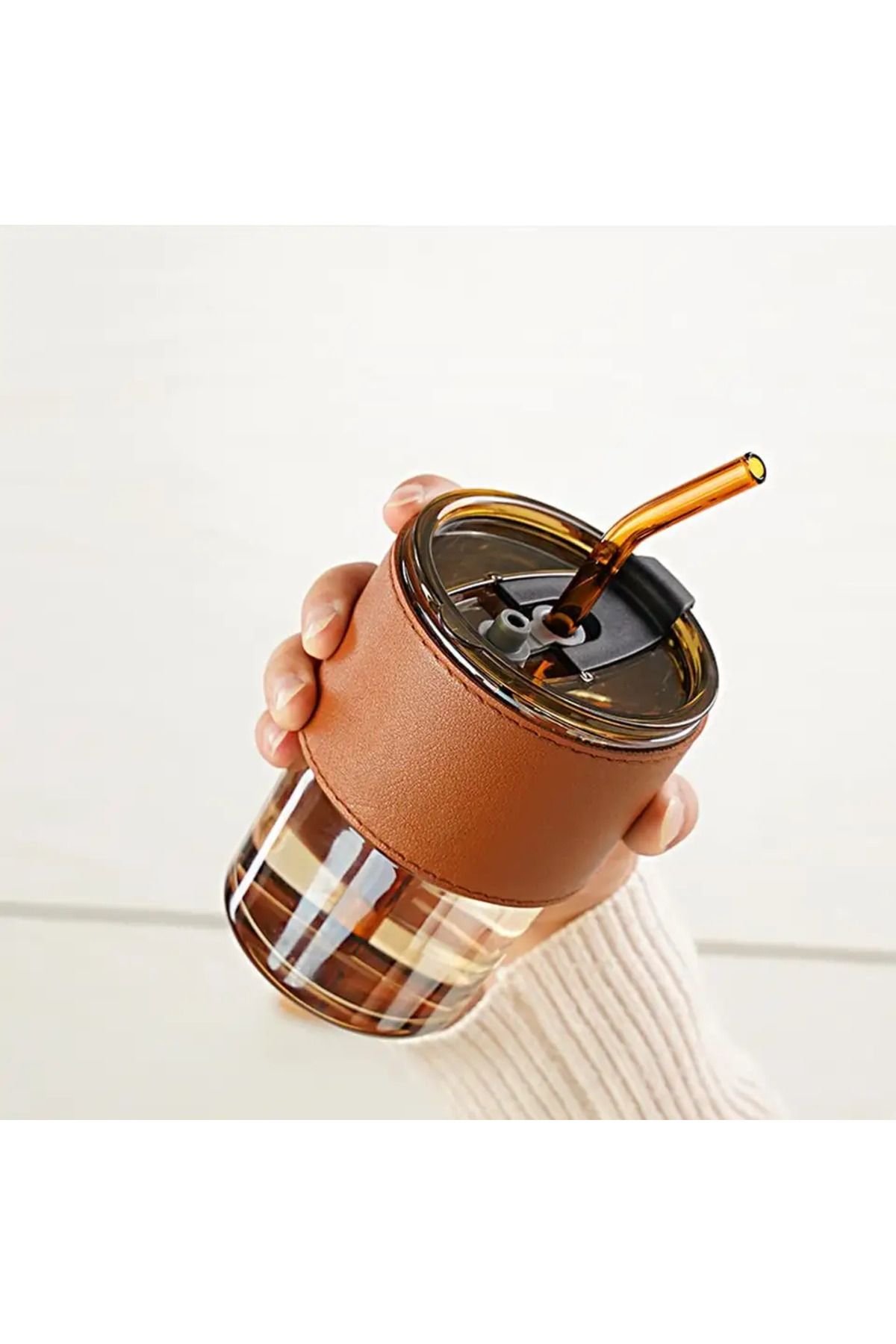 1pc Striped Glass Coffee Cup With Lid & Straw, Portable