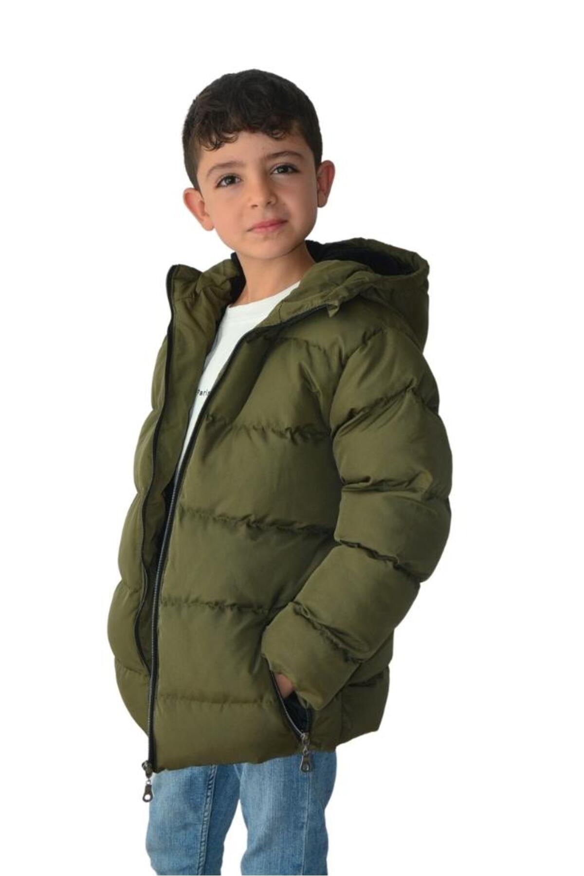  کاپشن بچه‌گانه کلاه‌دار خاکی رنگ، ضخیم، ضد آب و باد، آستر مخمل، مناسب برای آقایان