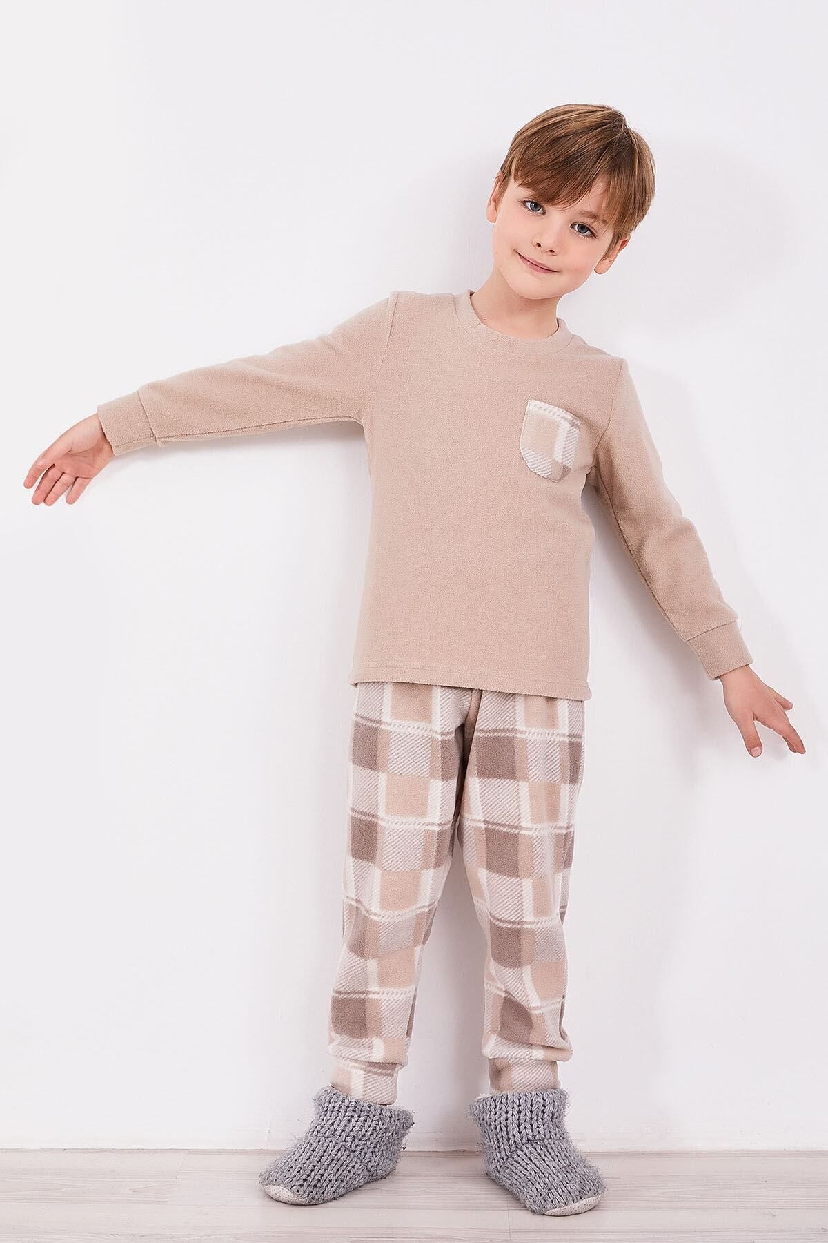 Arnetta Set De Pijamale Cu Mânecă Lungă, În Carouri, Bej Masculin - 10–11 years