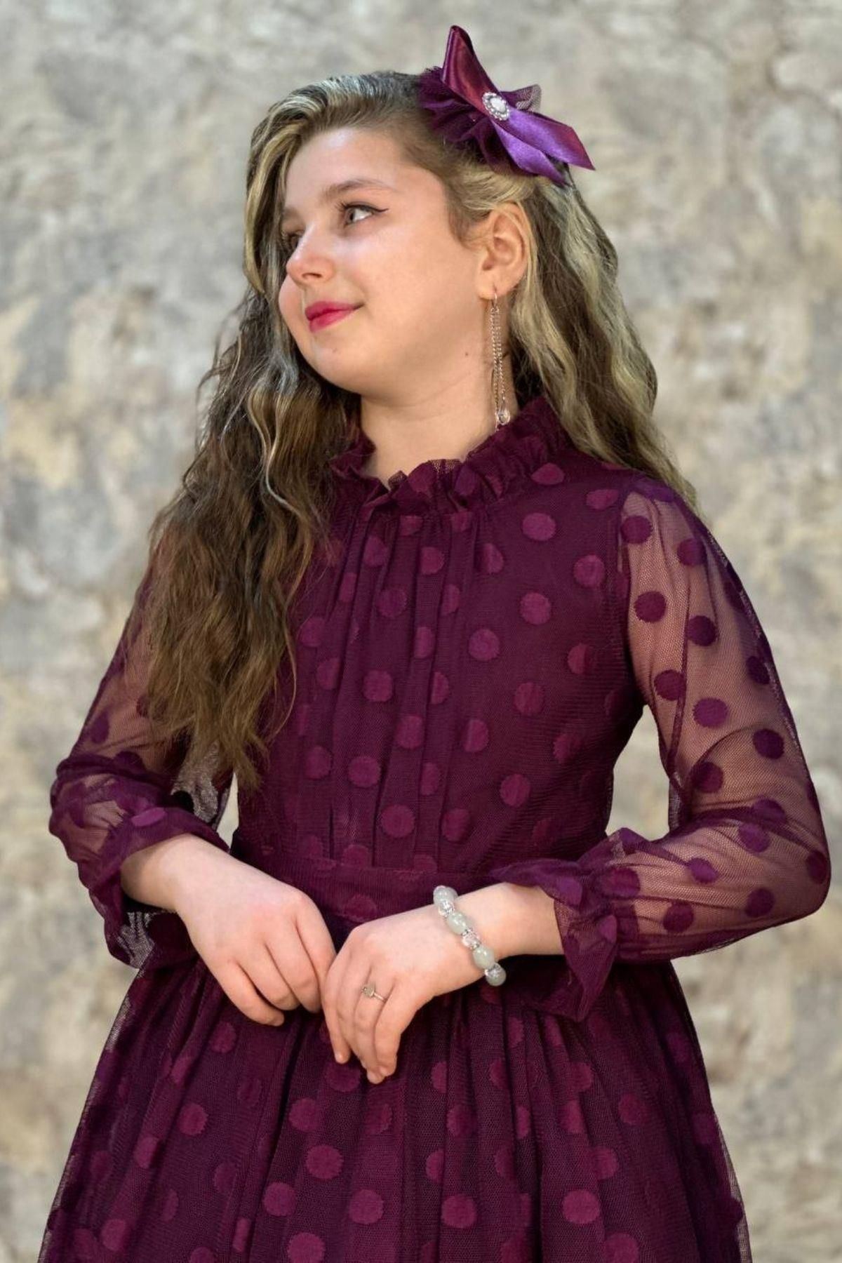 Riccotarz-Girl's Purple Dress with Transparent Sleeves, Polka Dots and Sash Detail 3