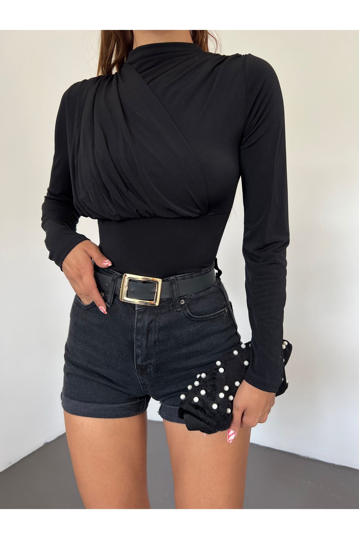 Fav Style Women's Front Gather Detailed High Collar Long Sleeve Bodysuit  Blouse Black - Trendyol