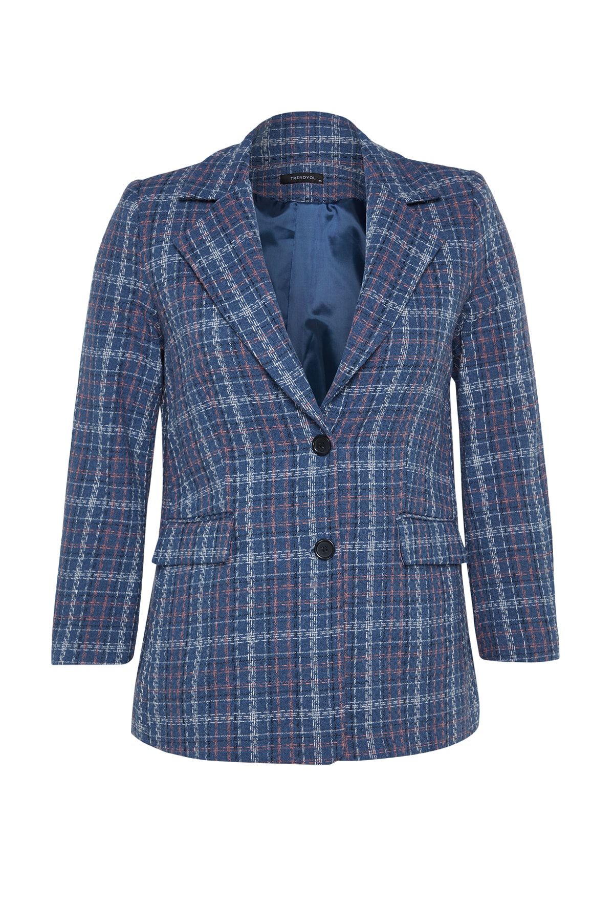 Trendyol Curve-Plaid Patterned Indigo Tweed Jacket - Buttoned and Lined TBBAW24AG00002 6