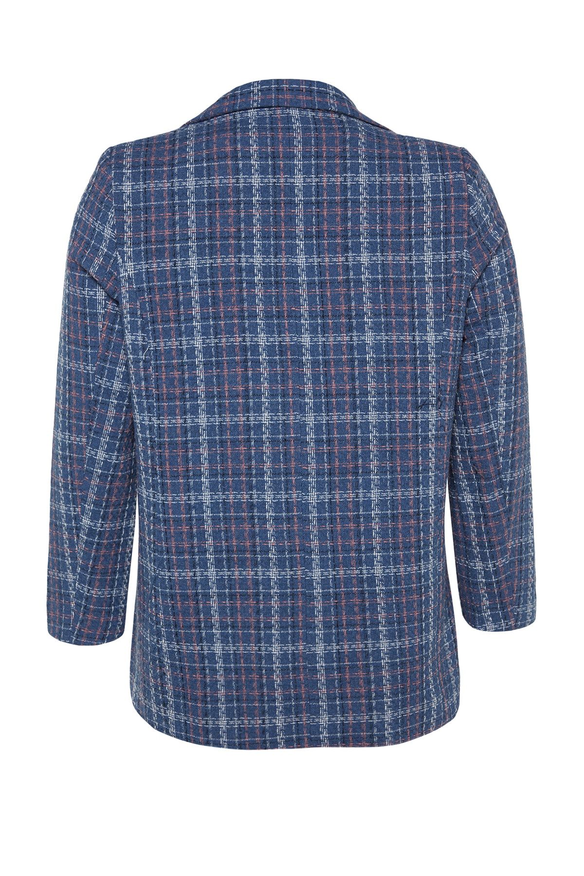 Trendyol Curve-Plaid Patterned Indigo Tweed Jacket - Buttoned and Lined TBBAW24AG00002 8