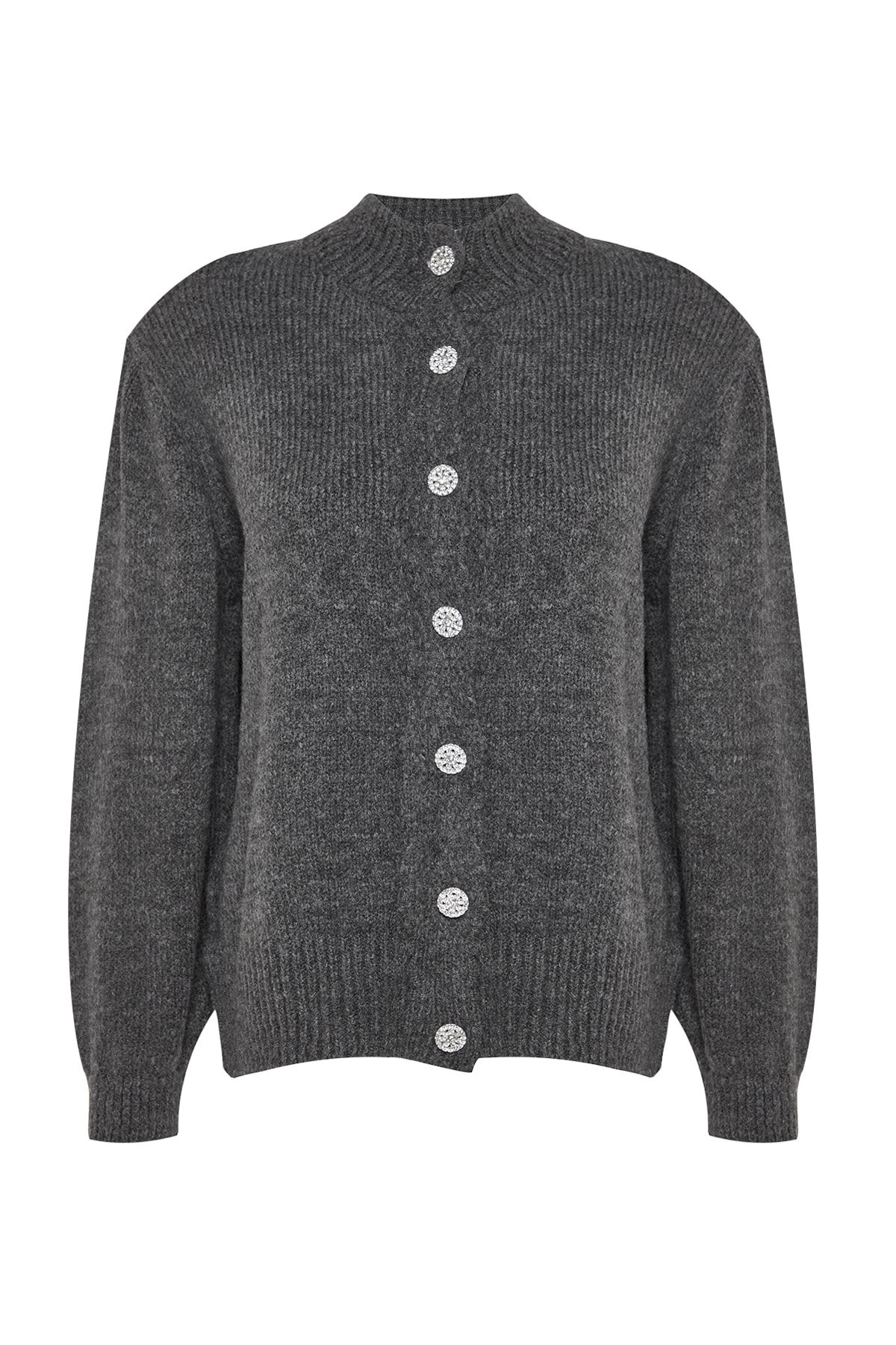Trendyol Curve-Strickcardigan - Anthrazit mit Schmucksteinen, geknöpft, TBBAW24AV00019 6