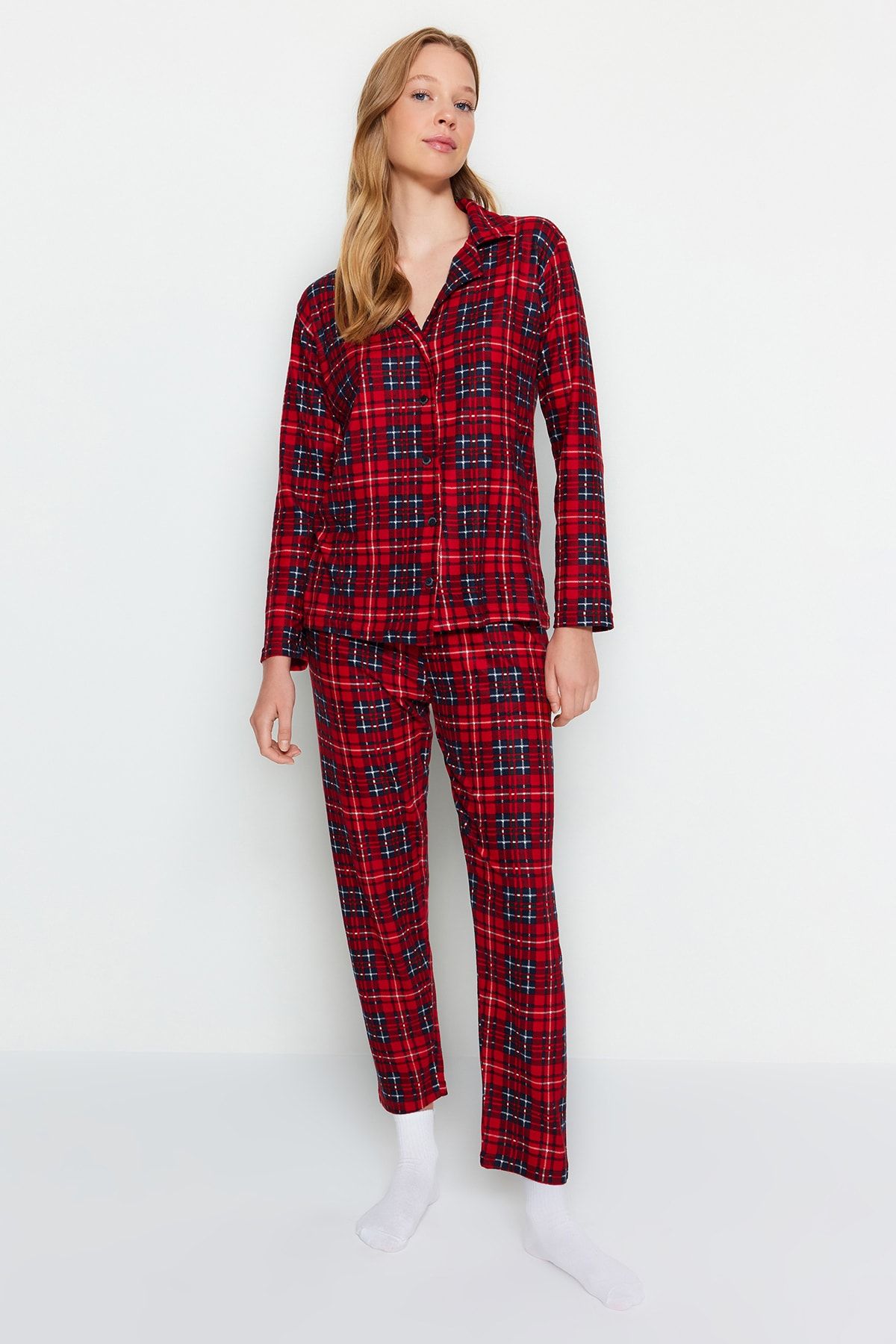 Trendyol Collection-Weicher, rot karierter Strick-Pyjama - Sleep Band Brushed Thmaw24pt00100 4