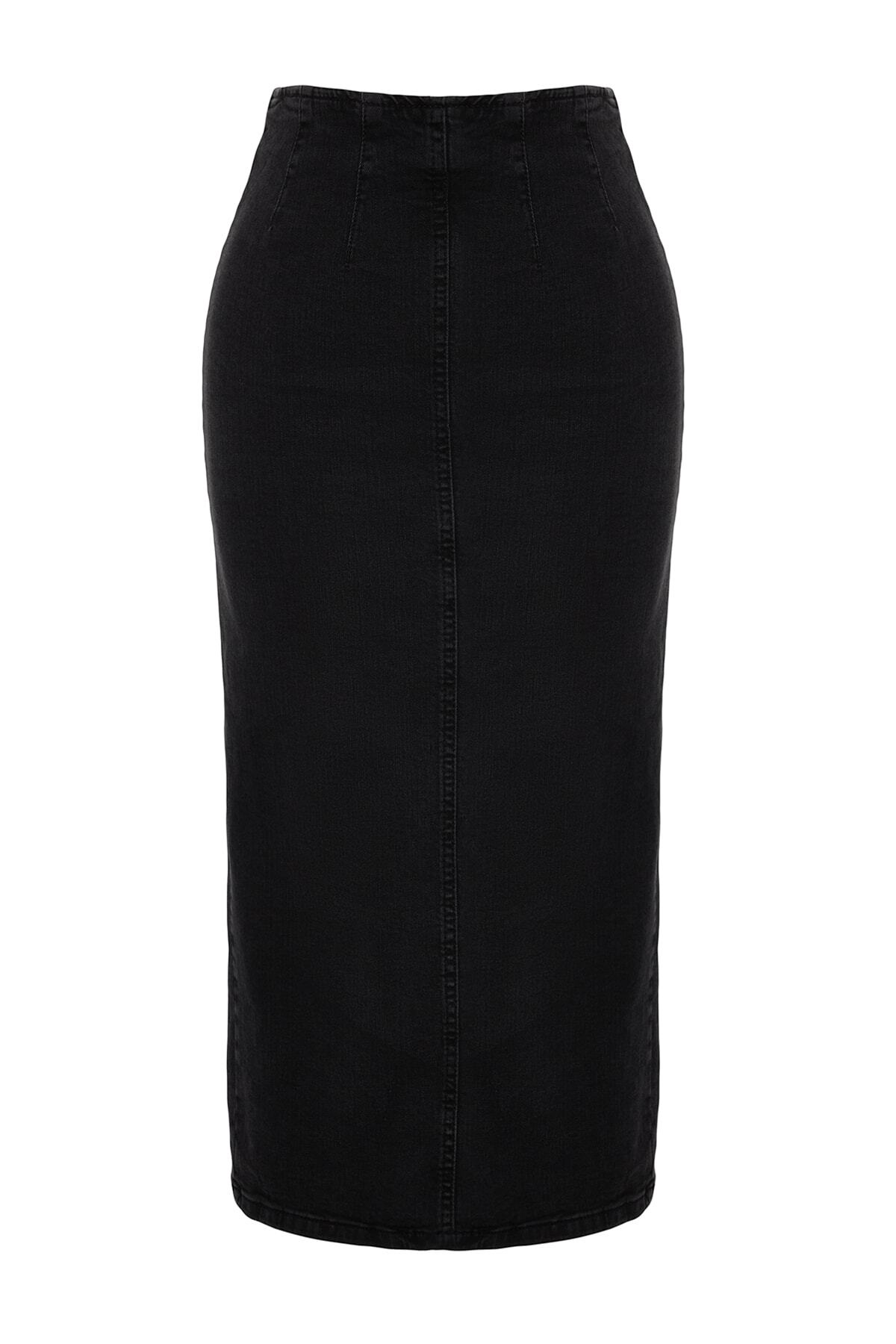 Trendyol Collection-Fekete, állítható varrás, részletes Midi ceruza farmer szoknya TWOAW24ET00057 6