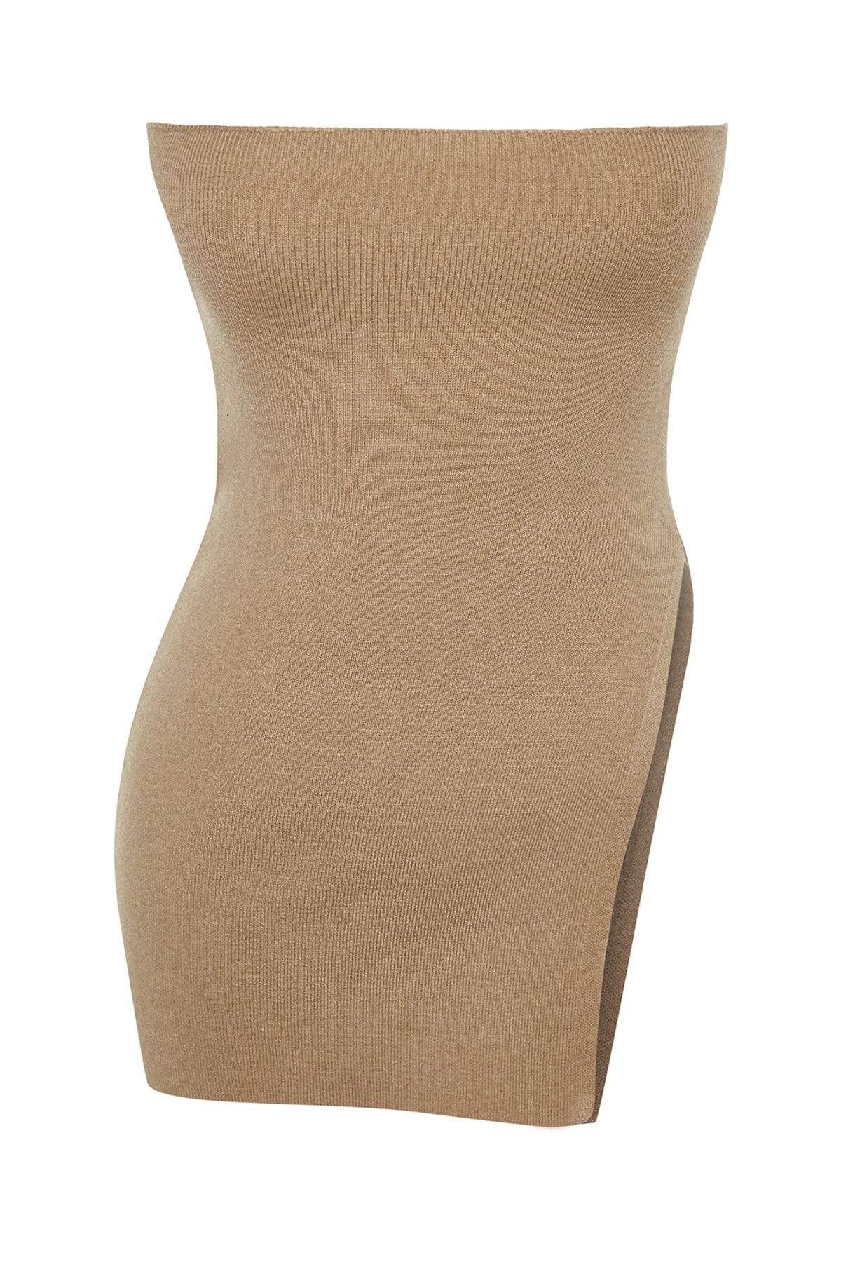 Trendyol Collection-Trägerlose, dünne Bluse aus hochwertigem Strick – Schlitzdetail, Kamel TWOAW24BZ00131 7