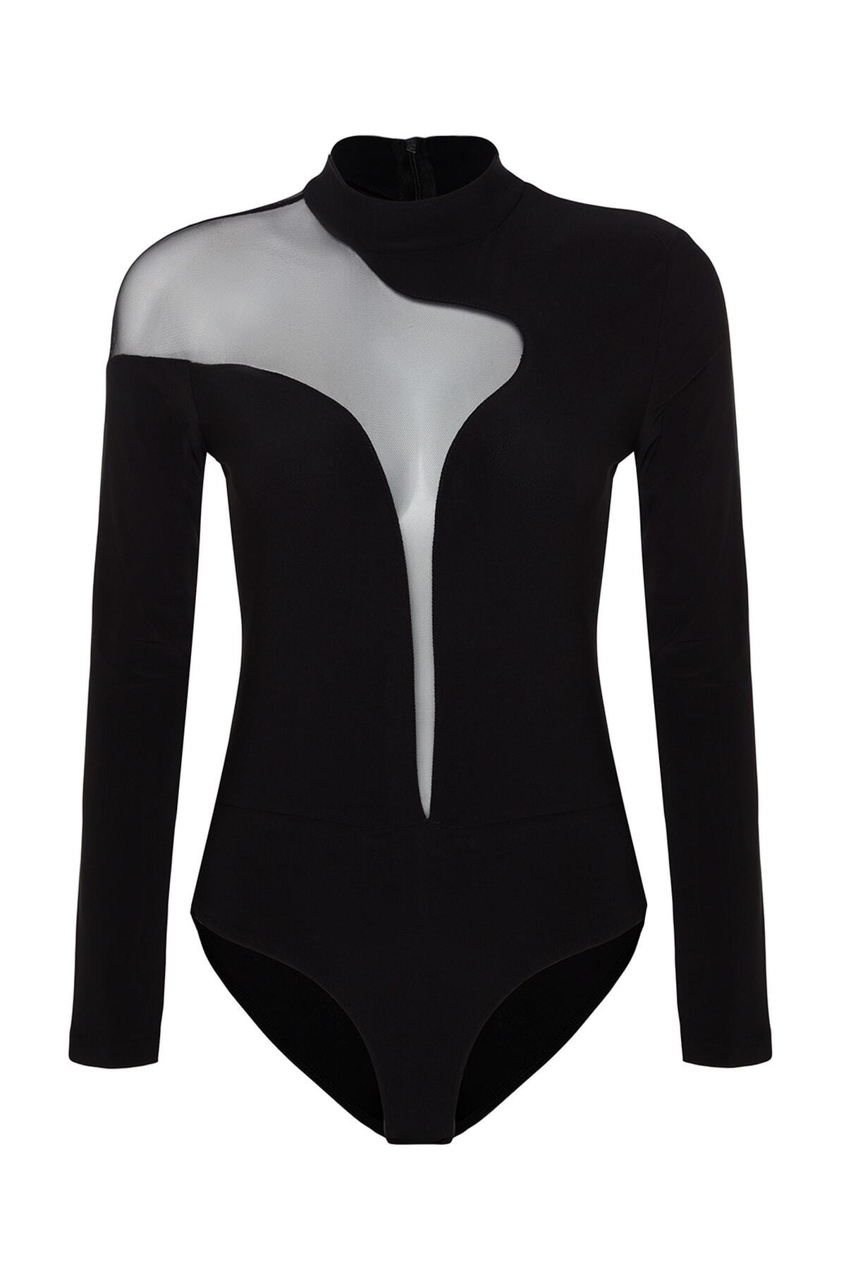 Trendyol Collection Schwarzer Body aus transparentem Stricktüll mit Details T...