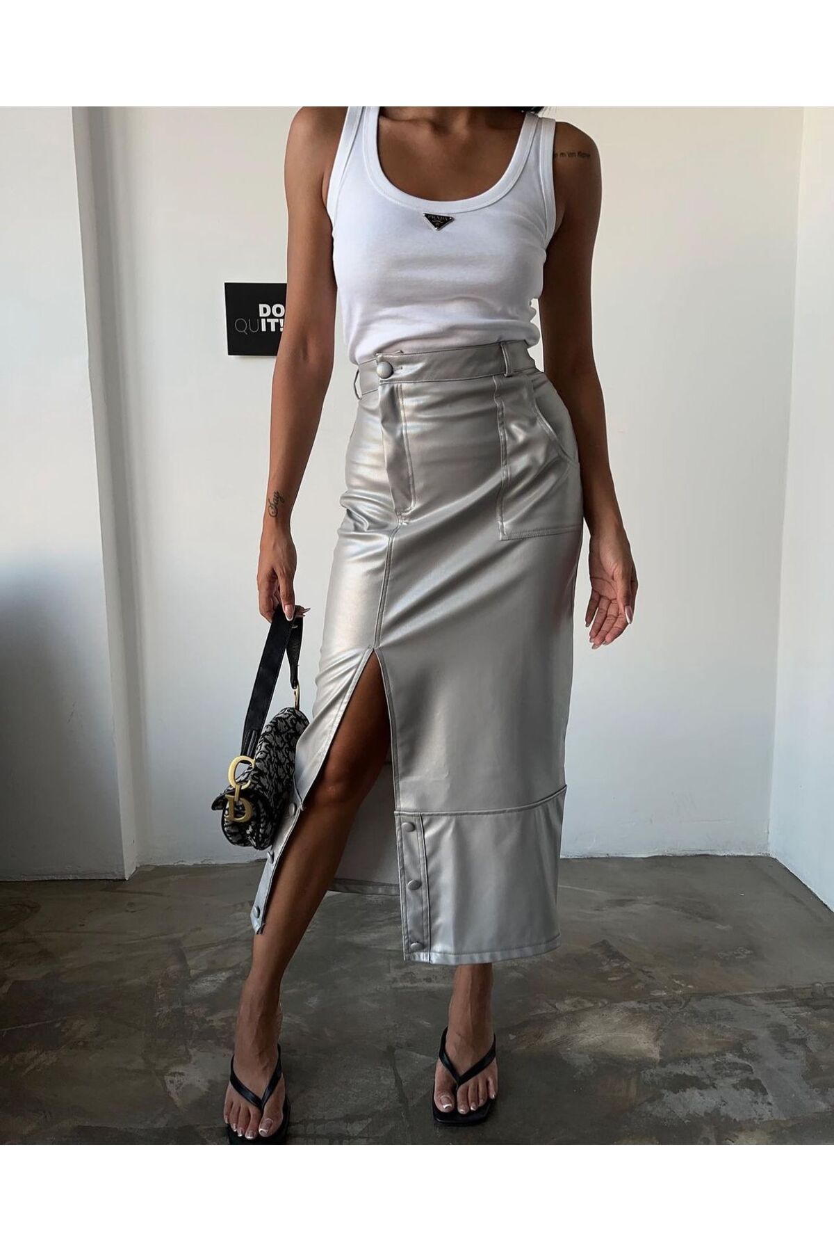 Silver metallic leather top skirt