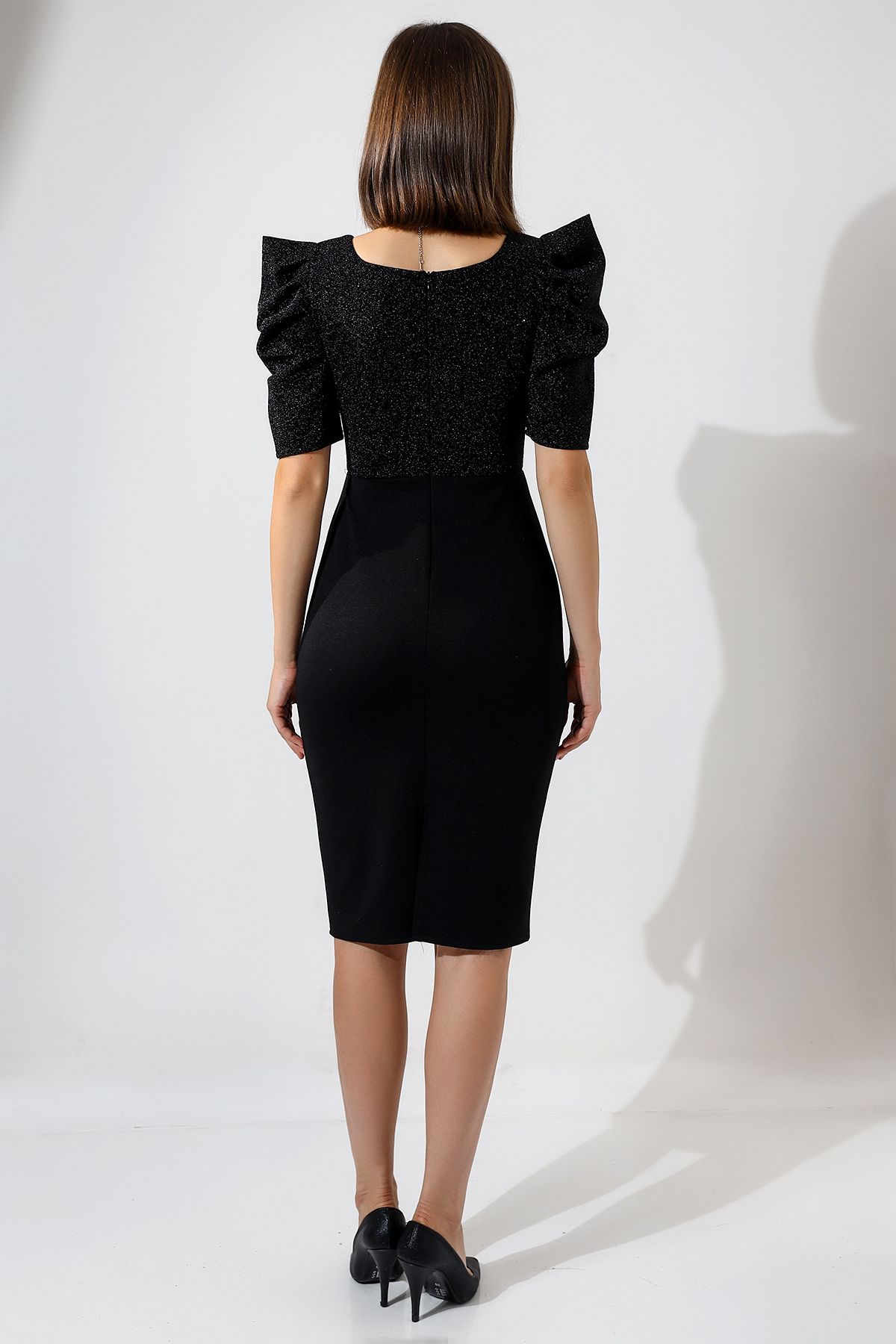 Moda MiraGül-Glittery High Shoulder Detailed Fish Dress 7