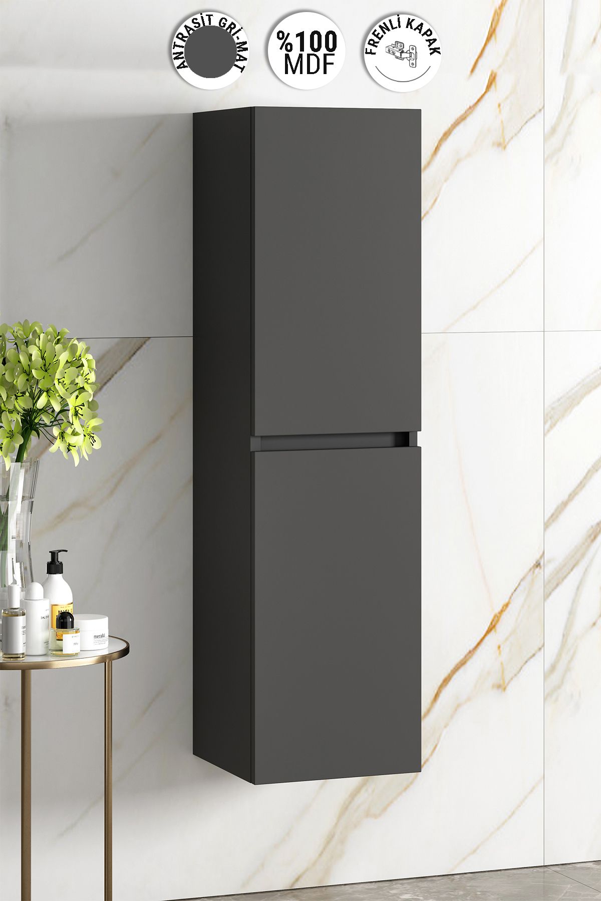 Yıldız 35*130 Cm Antrasit Gri Mat Mdf Asma Banyo Boy Dolabı