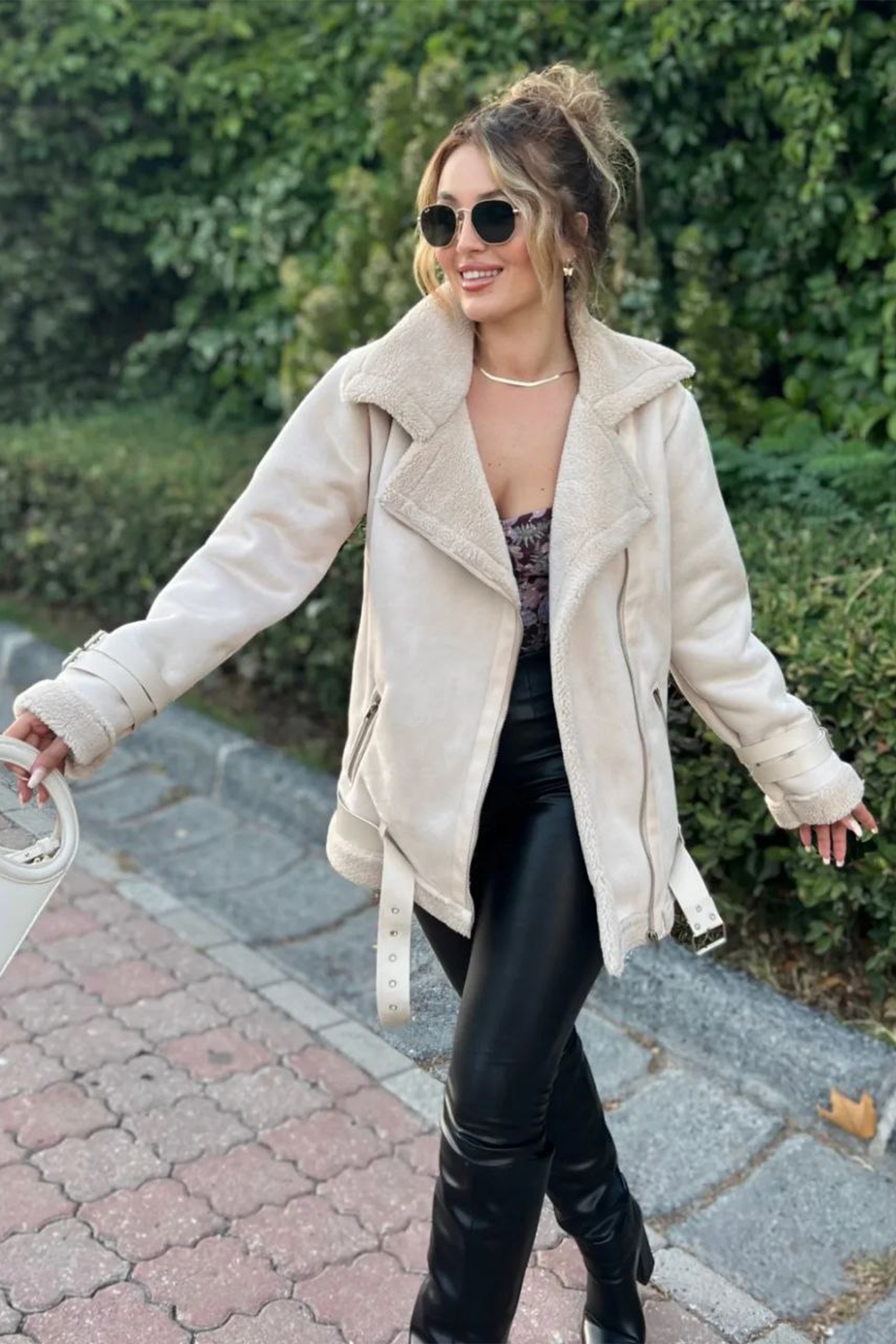 Women's Faux Fur Trim Faux Suede Coat Long Sleeve Zippered BEIGE - Görsel 1