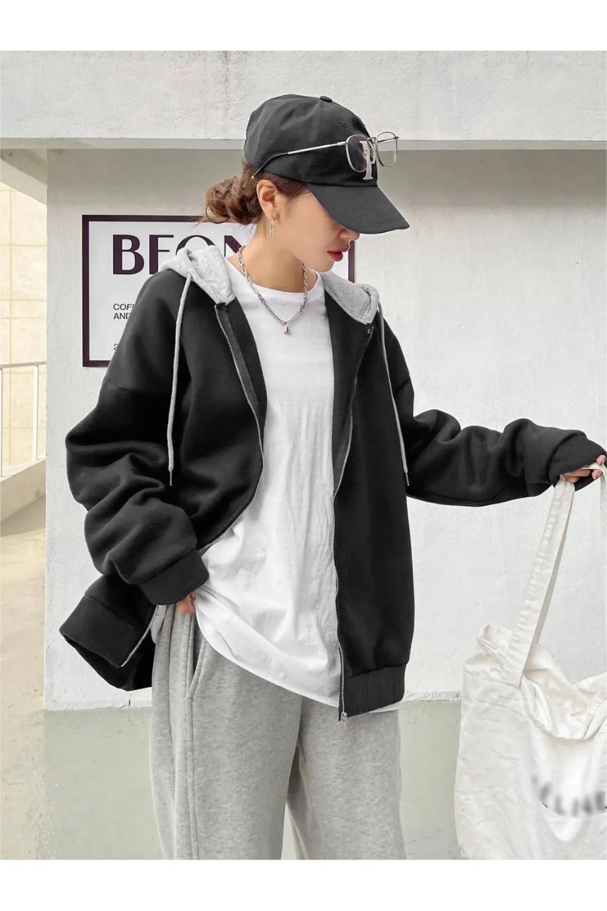Keywest Büyük Beden Siyah Kapüşon Gri Baskısız 3 iplik Oversize Polar Ceket - Hırka görsel 4
