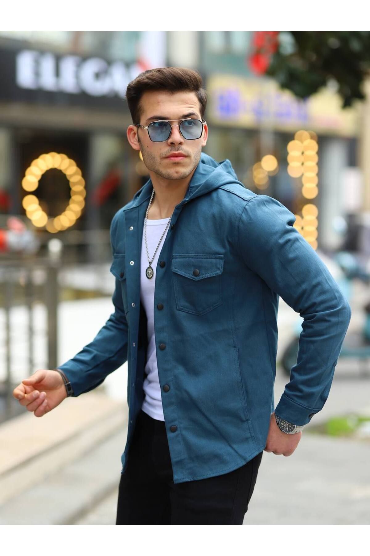 Hooded denim hotsell shirt mens