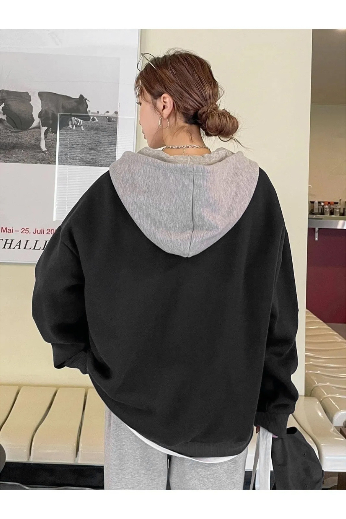 Keywest Büyük Beden Siyah Kapüşon Gri Baskısız 3 iplik Oversize Polar Ceket - Hırka görsel 2