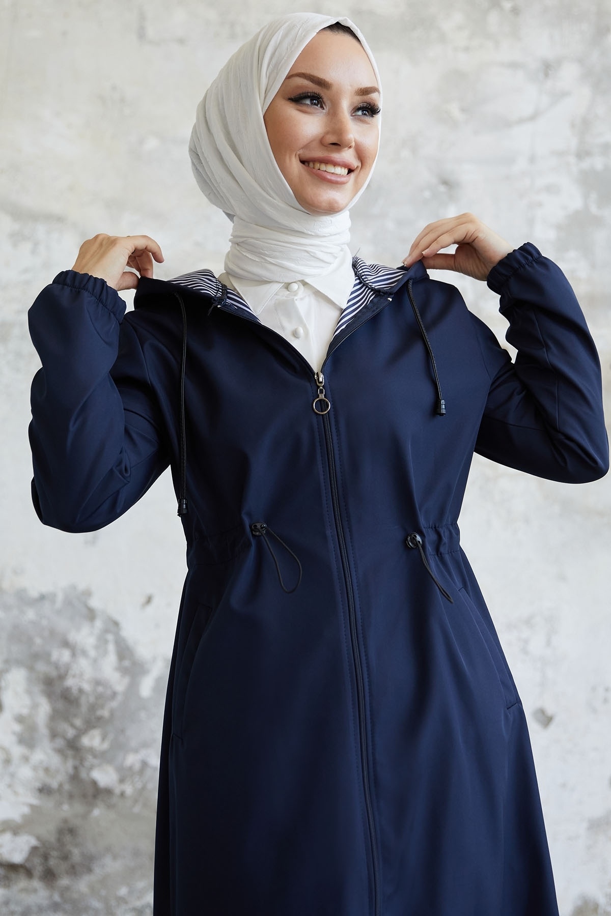 InStyle-Layisa Striped Patterned Gathered Waist Trench - Navy Blue 2