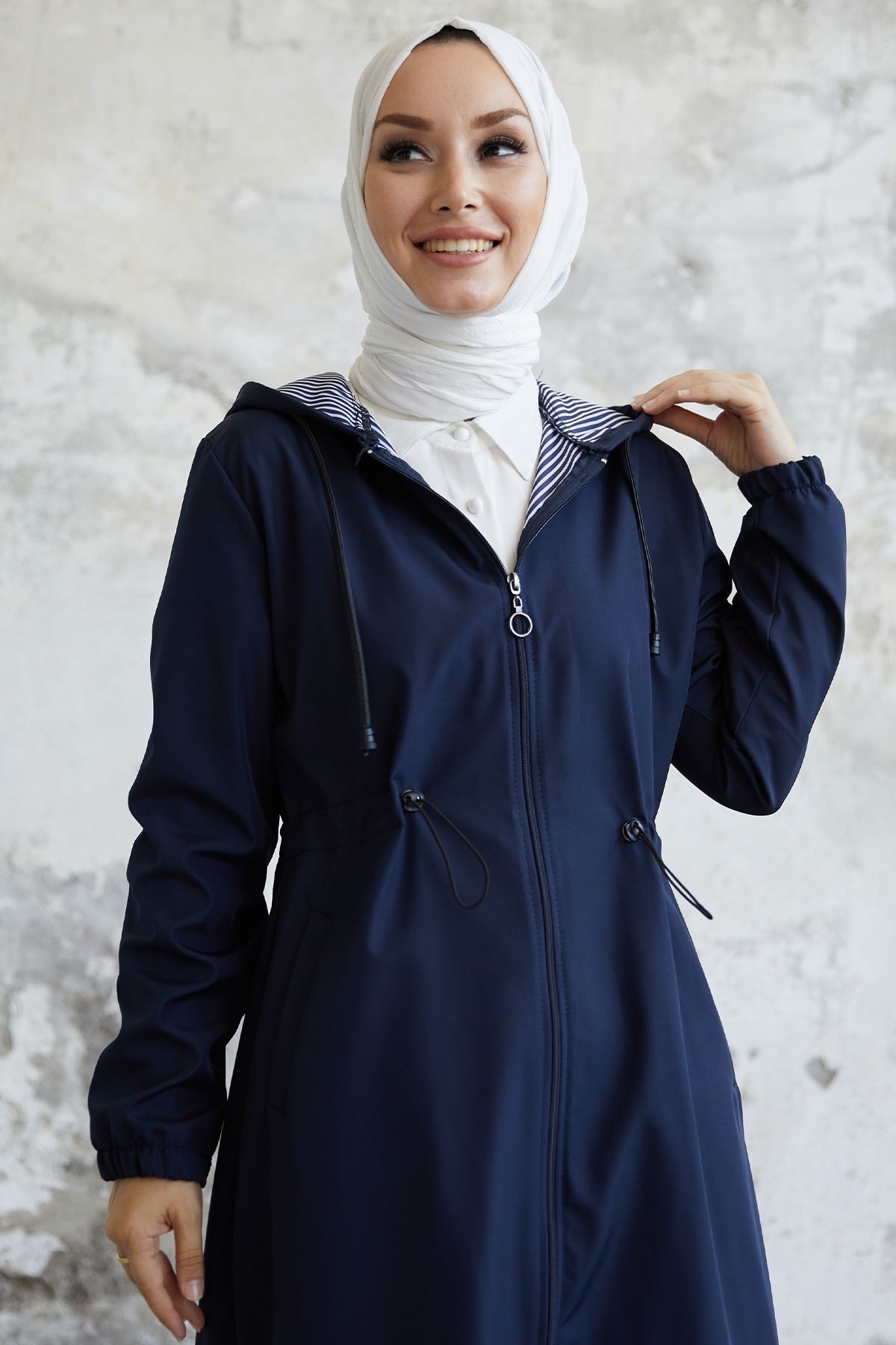 InStyle-Layisa Striped Patterned Gathered Waist Trench - Navy Blue 3