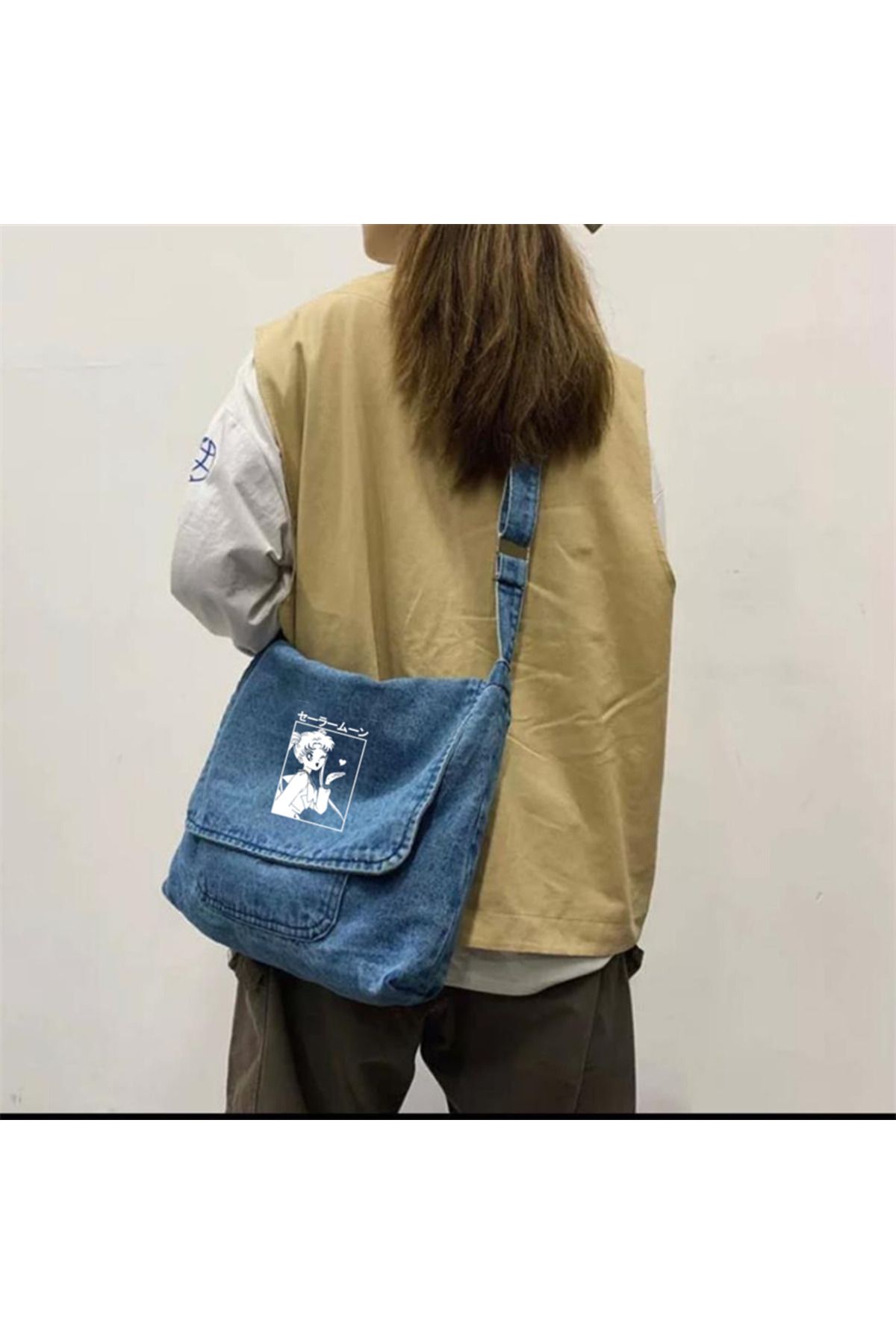 BUTICOR Sailor Moon Printed Vintage Unisex Denim Blue Messenger Bag