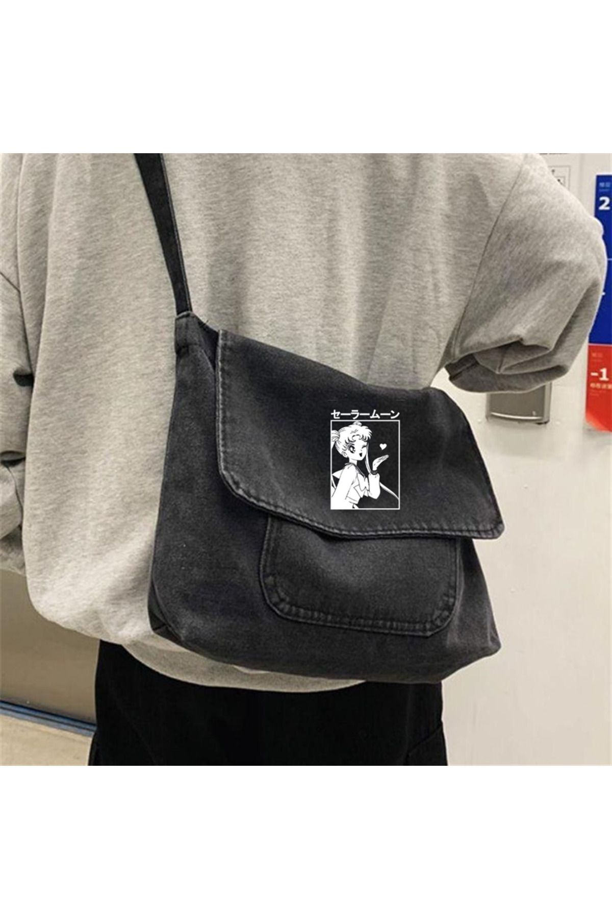 BUTICOR Sailor Moon Printed Vintage Unisex Gray Denim Messenger