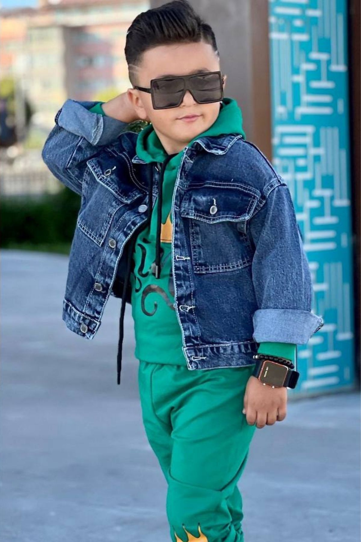 Riccotarz Boy s Denim Jacket King Printed Hooded Green Tracksuit