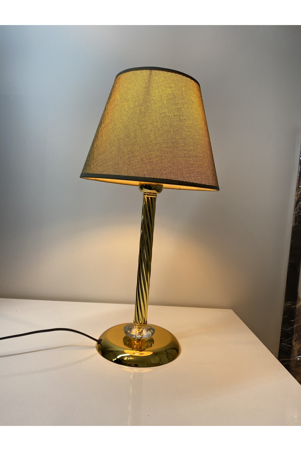 Table Lamp with Mette Twist Lampshade crystal detail, Stol lamp, Gold lampshade